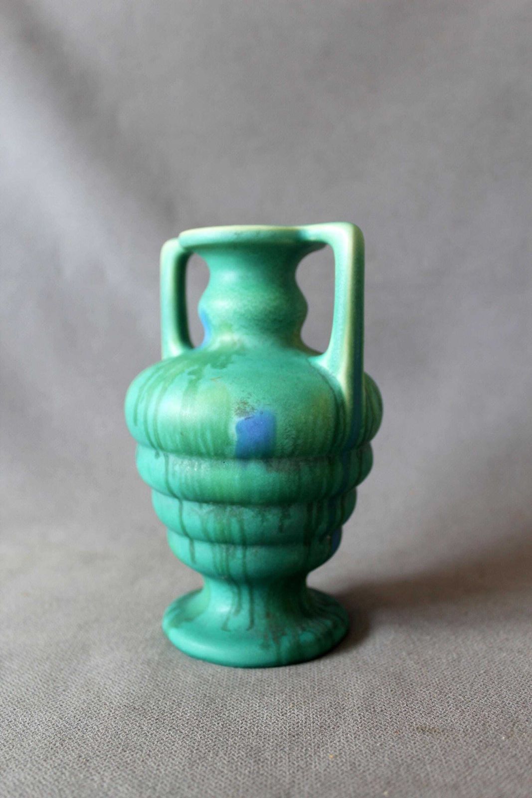 86.0 Art Deco Ceramic Vase, Faiencerie De Thulin Belgium, Drip Glaze, Studio Art, Turquoise, Bud Vase, Greek Urn Shape photo