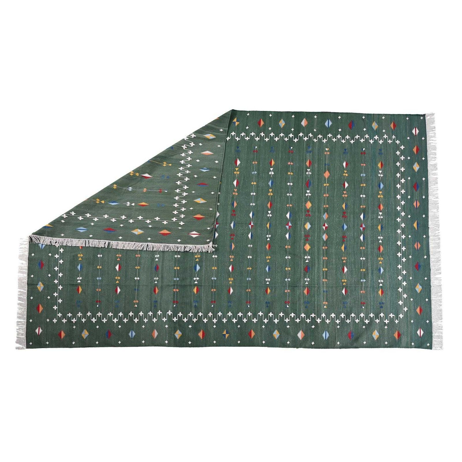 Vintage Handwoven Wool Dhurrie Rug | 8x10 Ft Large Green Indian Flatweave Rug| photo furniture