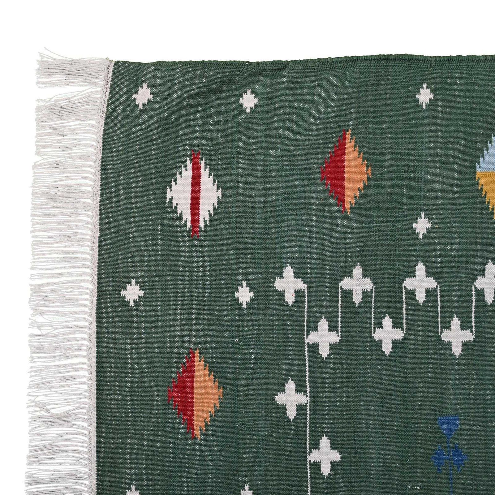 Vintage Handwoven Wool Dhurrie Rug | 8x10 Ft Large Green Indian Flatweave Rug| photo for sale