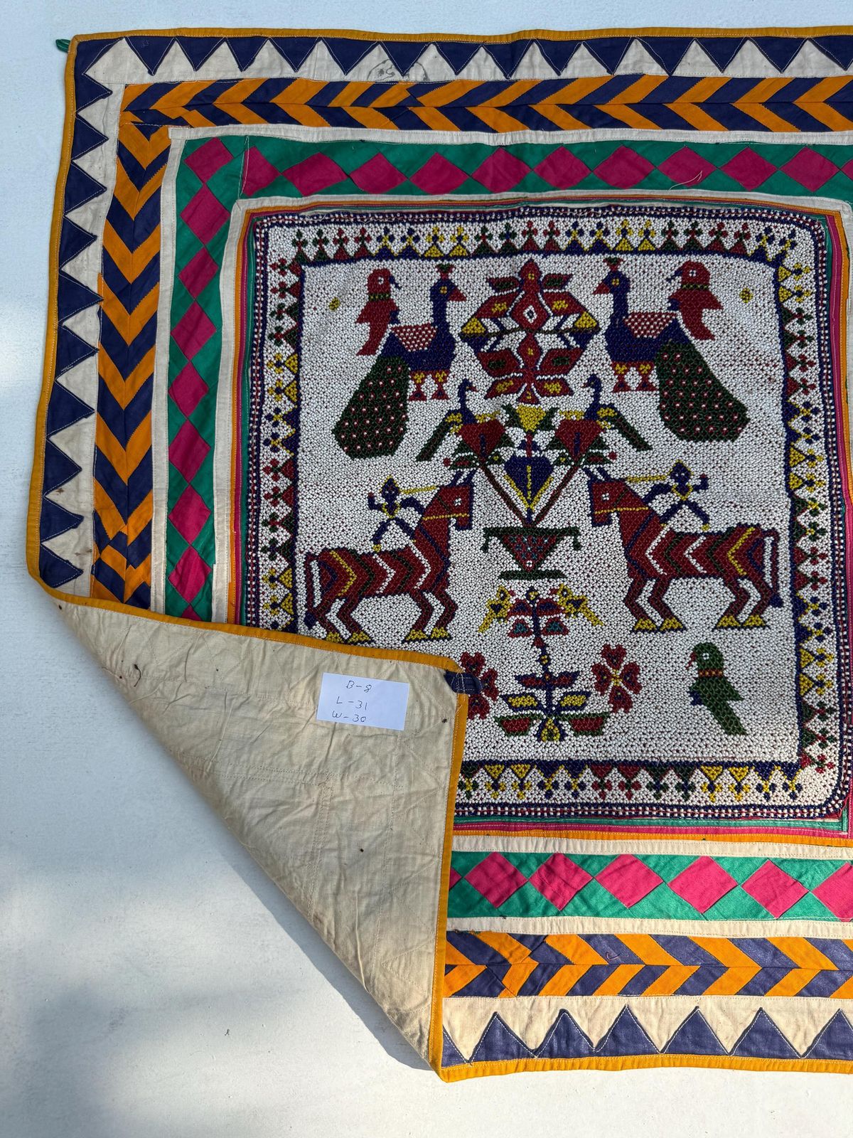 Vintage Indian Pearl Tapestry, Hand Embroidered Tribal Wall Decor (30x30 Inch) photo vinterior