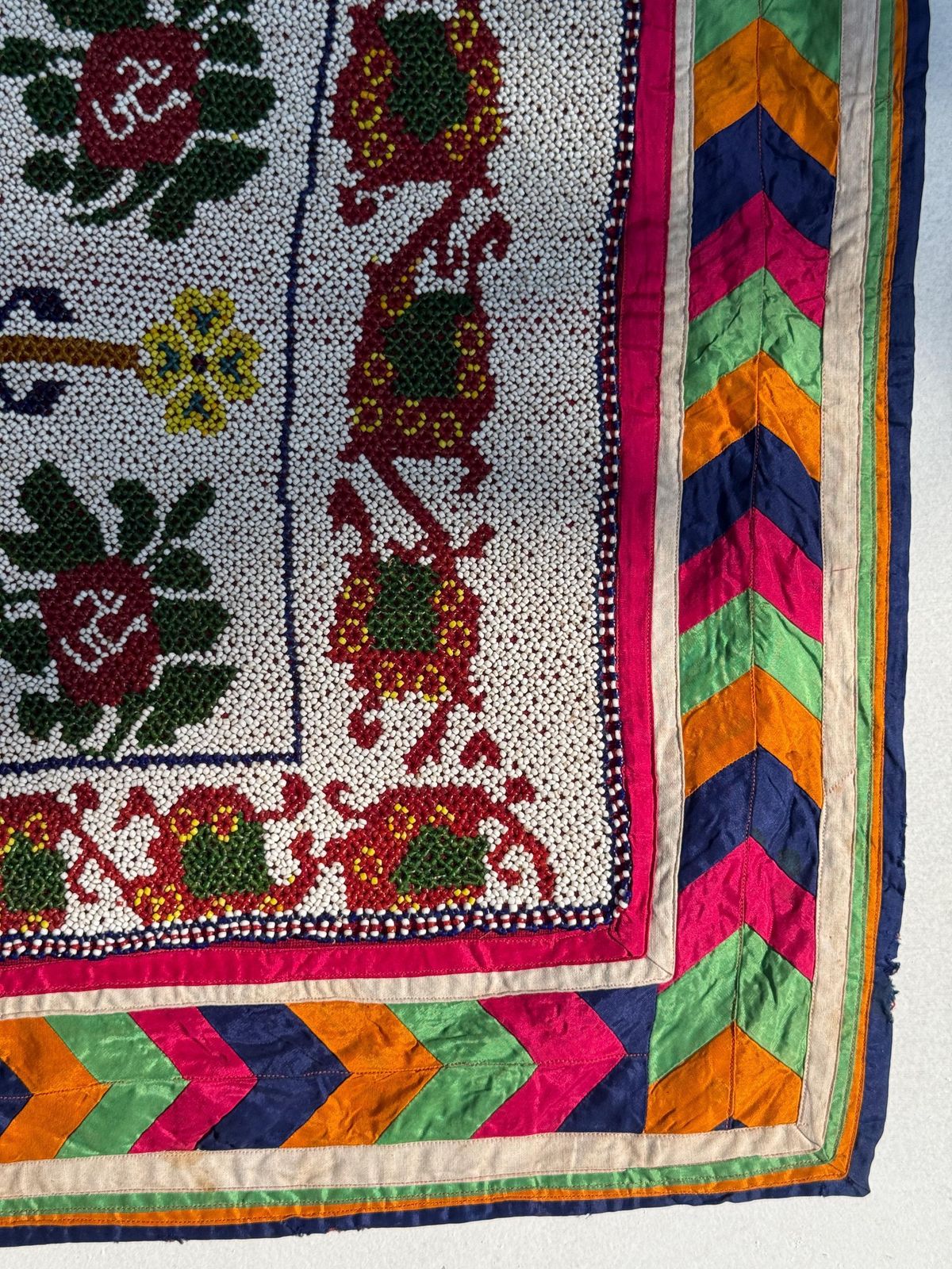 Vintage Indian Pearl Tapestry, Hand Embroidered Tribal Wall Decor (27x27 Inch) photo for sale