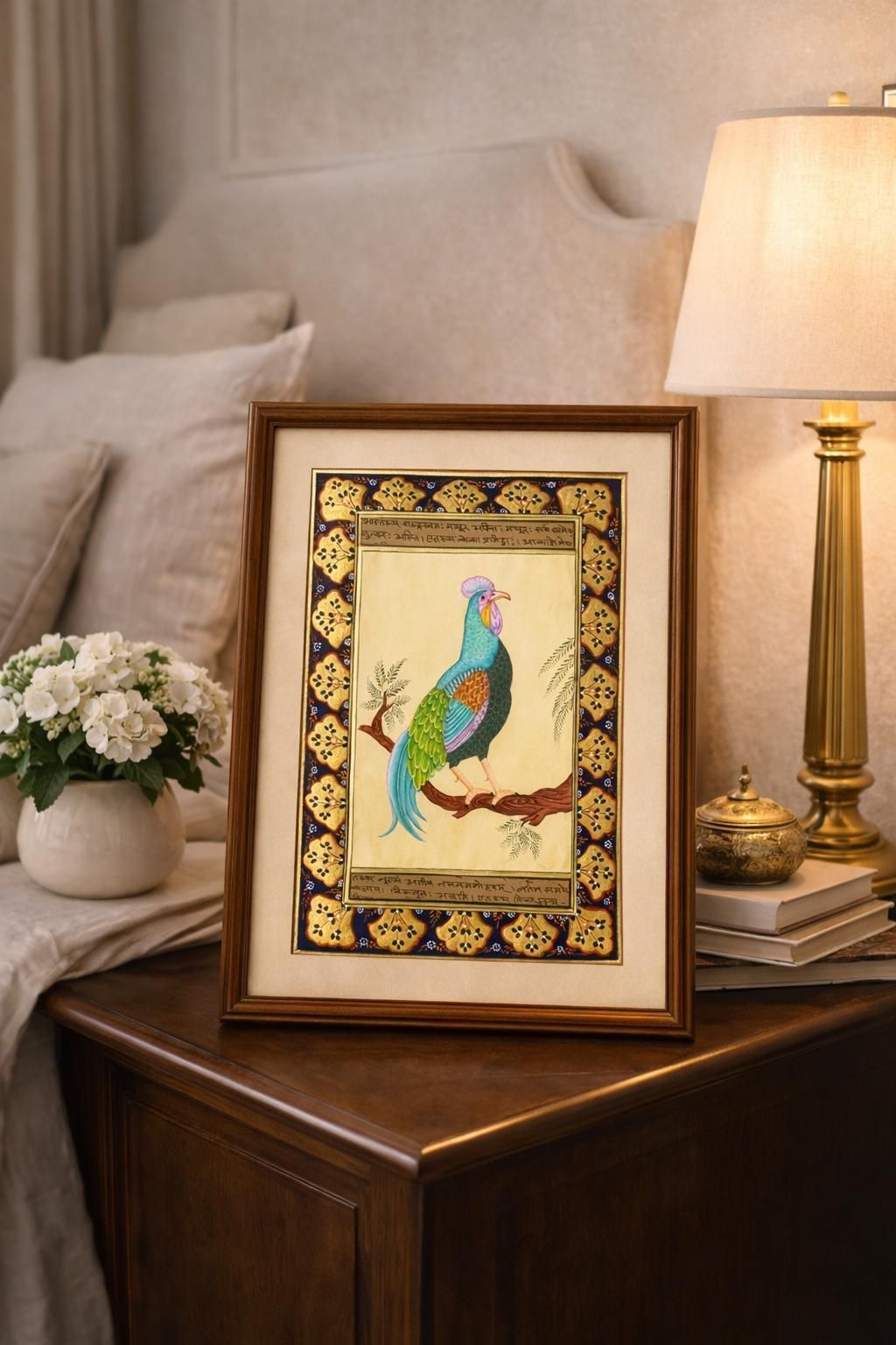 Hand Painted Miniature Exotic Bird On Antique Sanskrit Manuscript With Gold Border. photo furniture