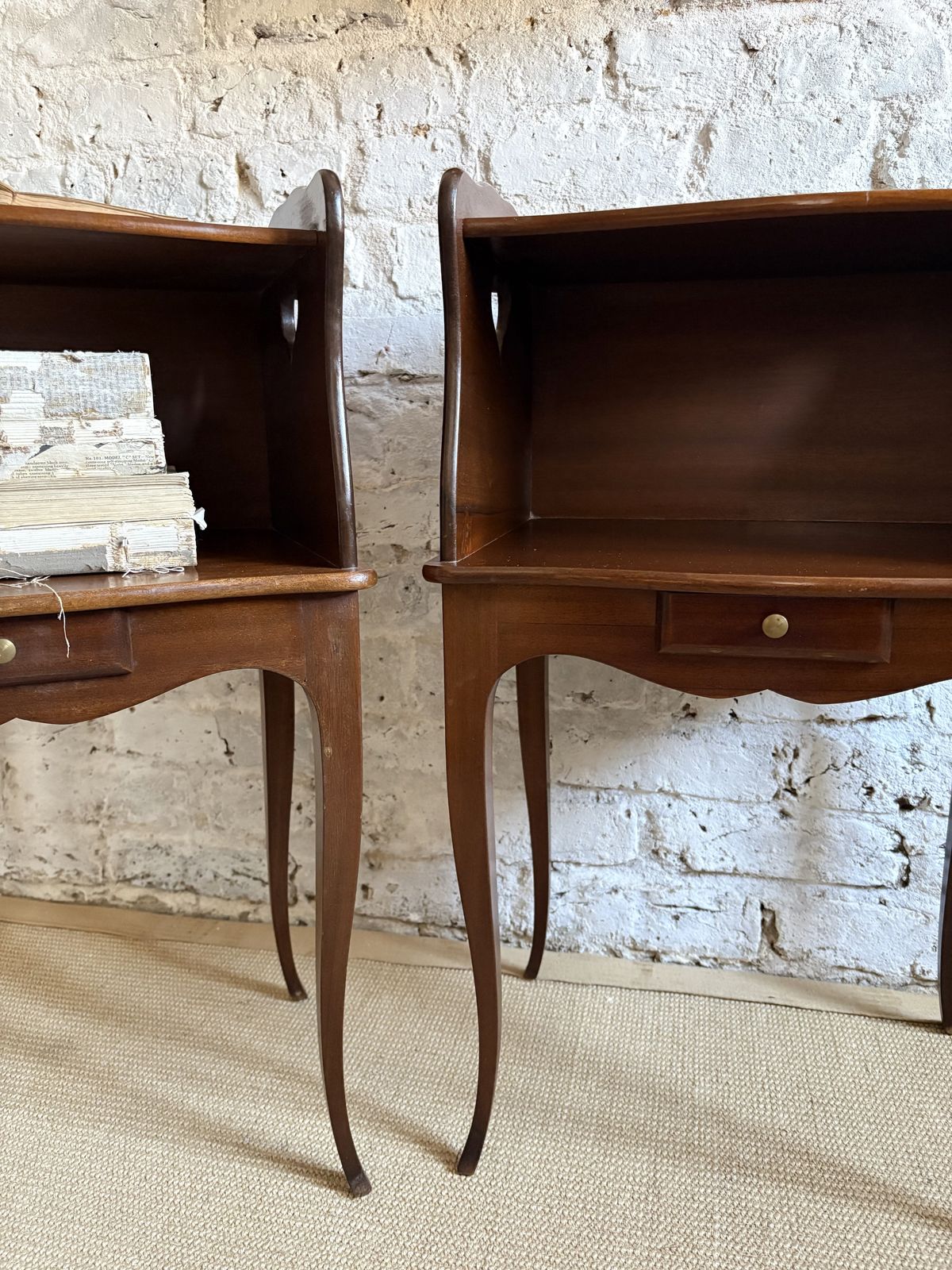 A Pair Of French Bedside Tables With Heart Cut Out Detail photo for sale