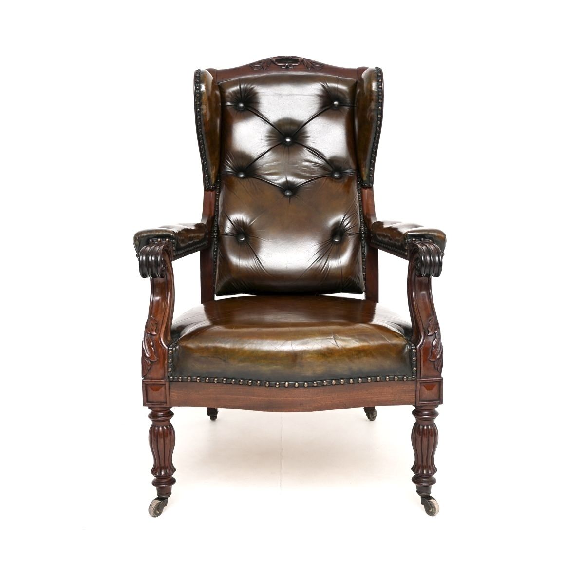 Antique William IV Leather And Walnut Wing Back Armchair photo Furniture