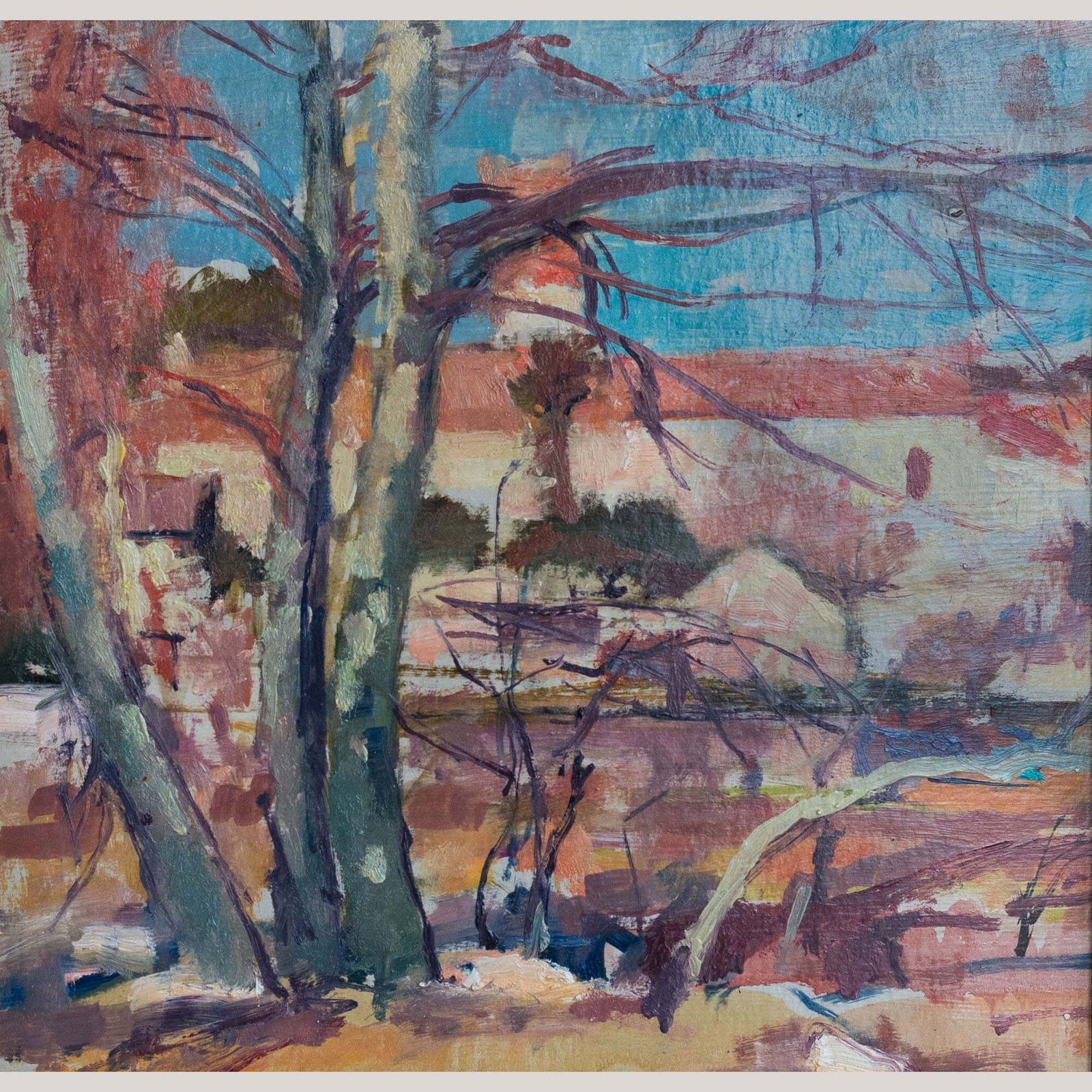 Landschapsstudie Met Inscriptie "Santiga" Op De Achterzijde – Olieverf En Mixed Media