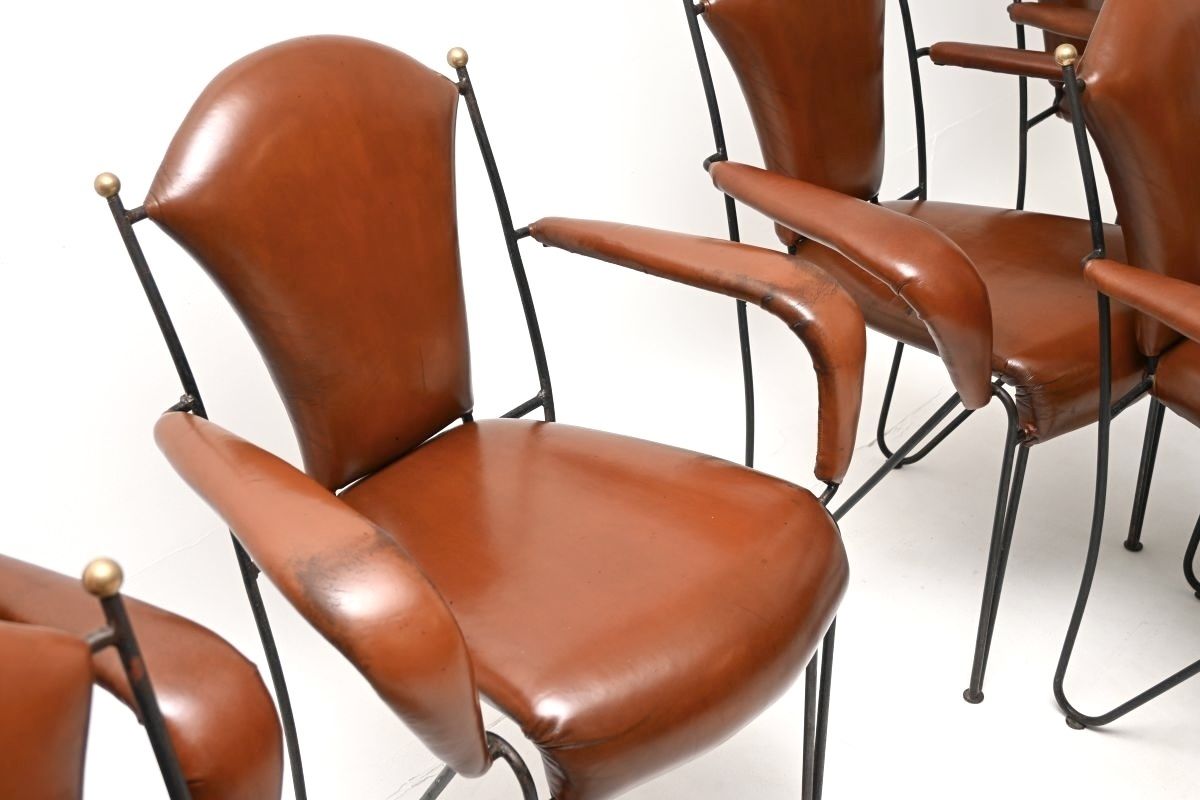 photo buy Set Of Eight Vintage Leather And Steel Dining Chairs By Frederic Weinberg