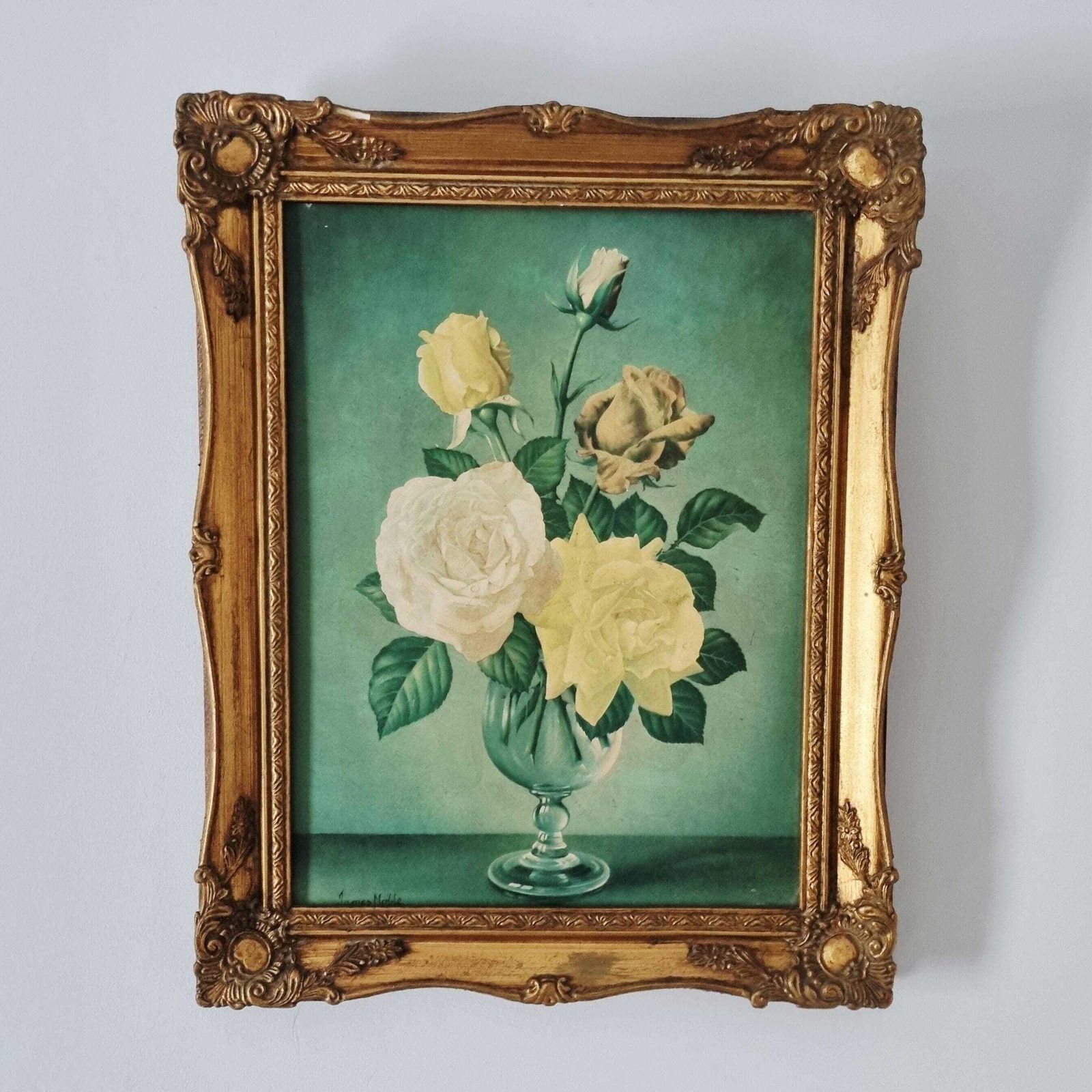 Vintage Original Floral Print By James Noble Depicting Roses In Vase