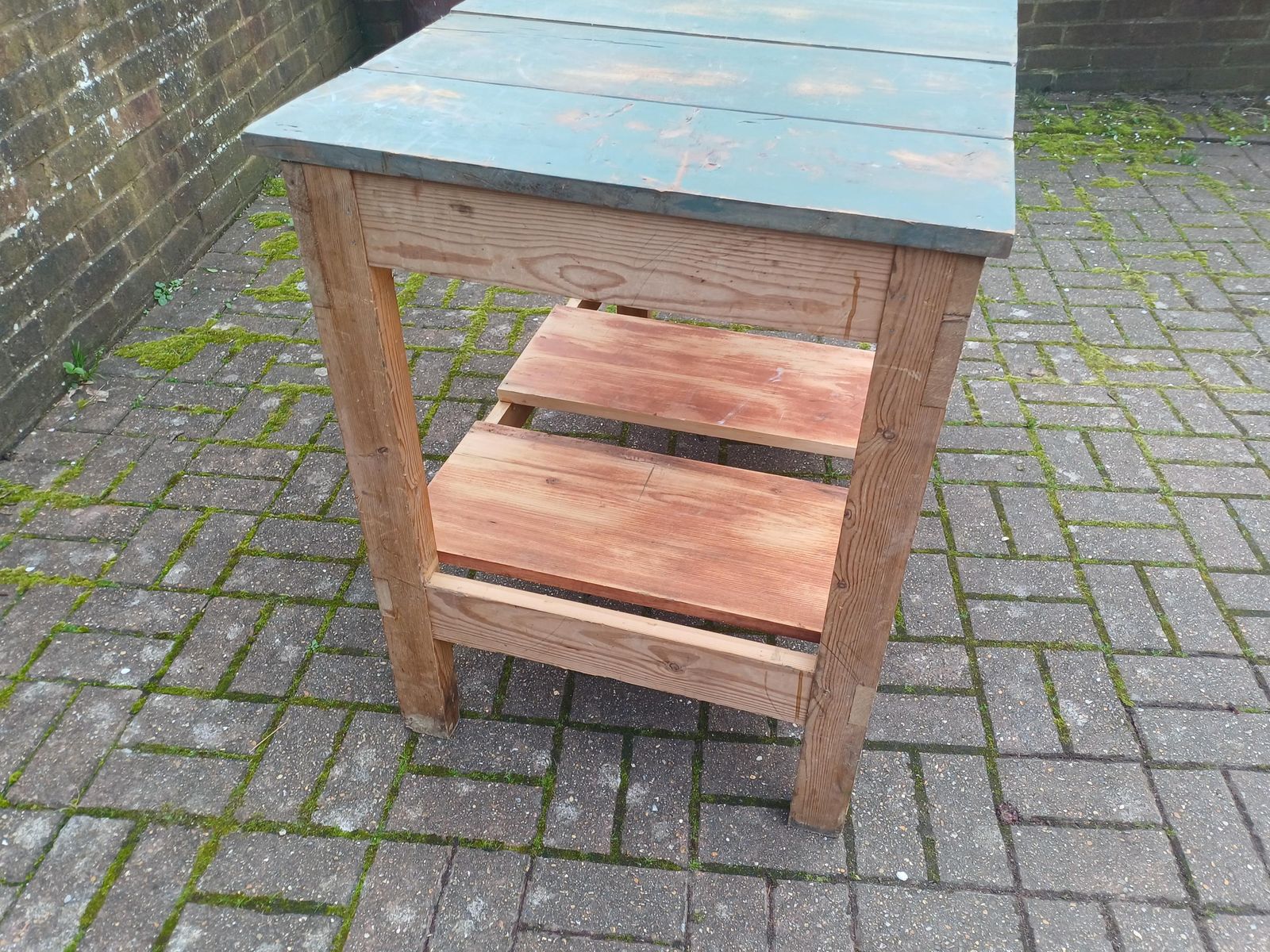 Vintage Pine Workbench Rustic Farmhouse Table Green Painted Top Potting Bench Kitchen Island Industrial Work Table 1960s photo vinterior