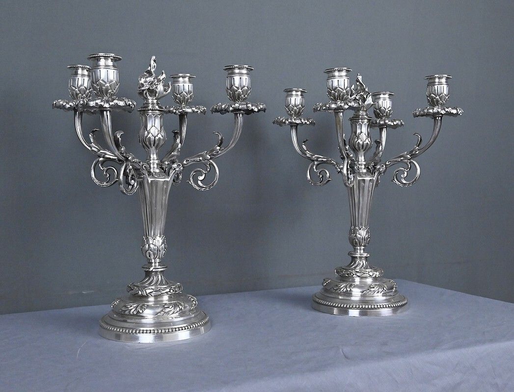 Pair Of Silvered Bronze Candelabra, Louis XVI Style – Late 19th Century photo for sale