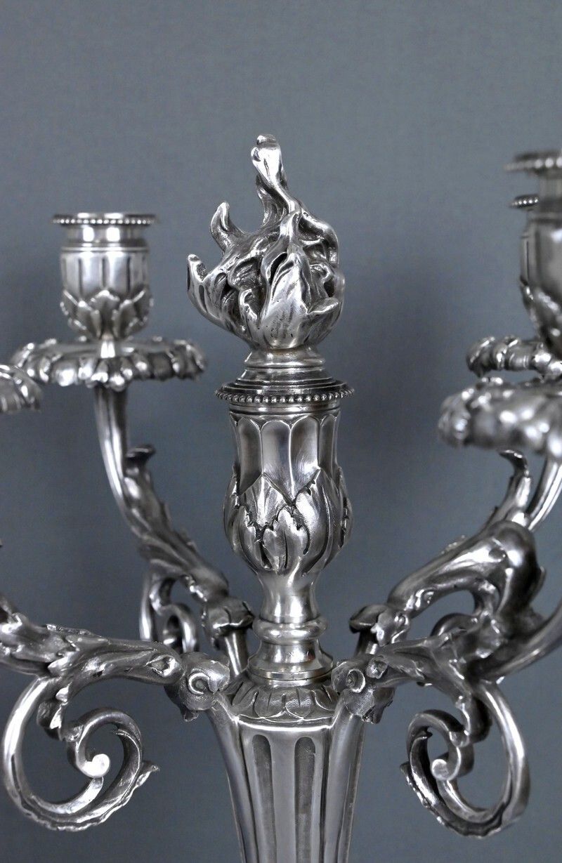 Pair Of Silvered Bronze Candelabra, Louis XVI Style – Late 19th Century photo vintage