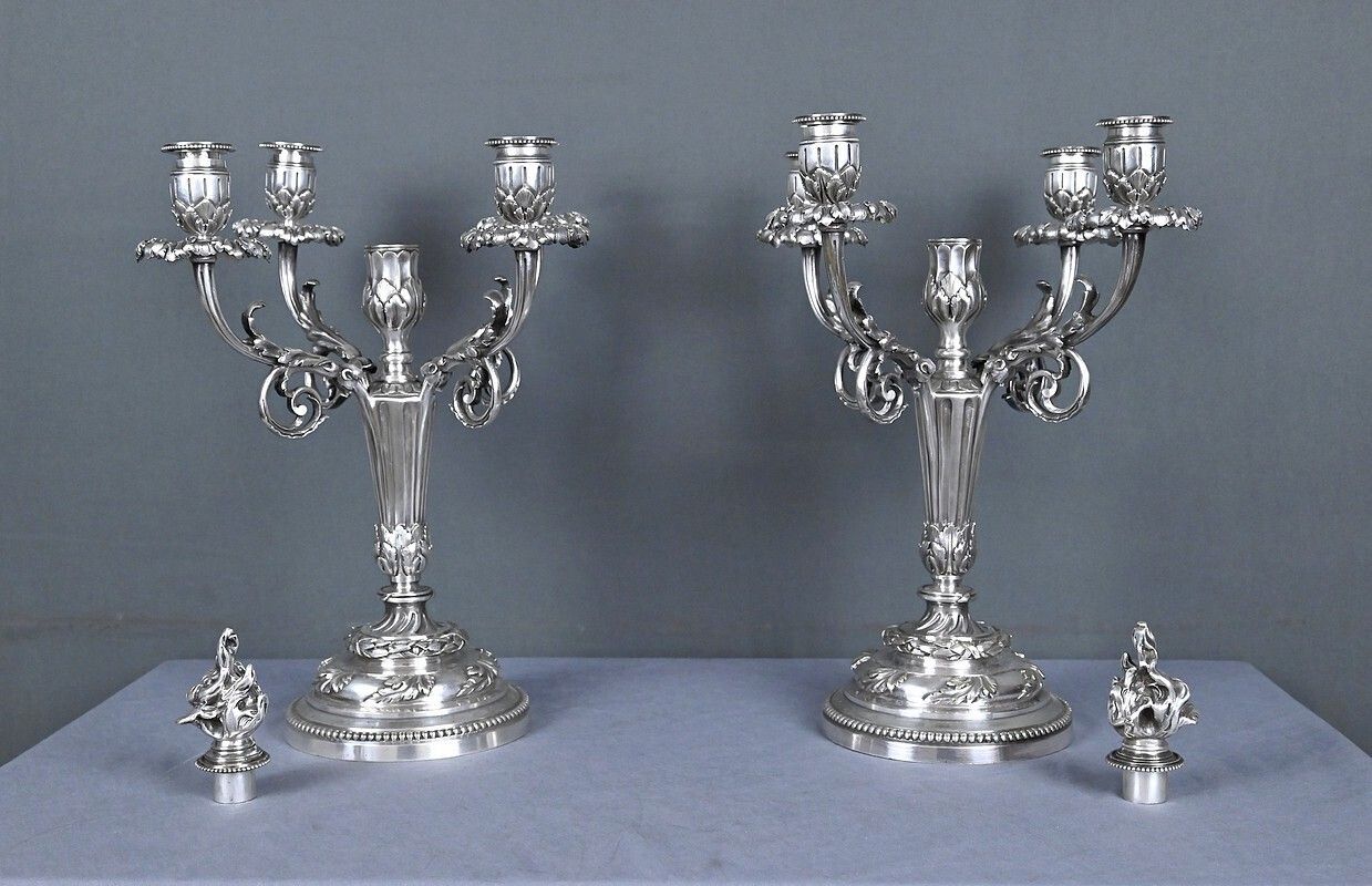 Home Decor Pair Of Silvered Bronze Candelabra, Louis XVI Style – Late 19th Century photo