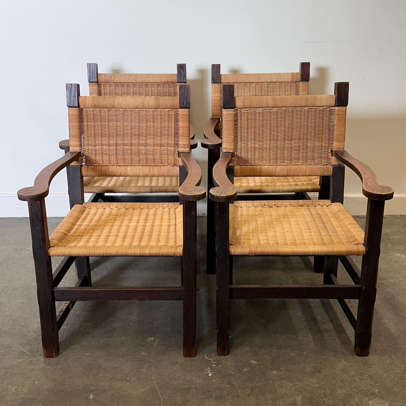 Paar Op Maat Gemaakte Eiken En Rotan Fauteuils, Frankrijk, Jaren 1940 photo for sale