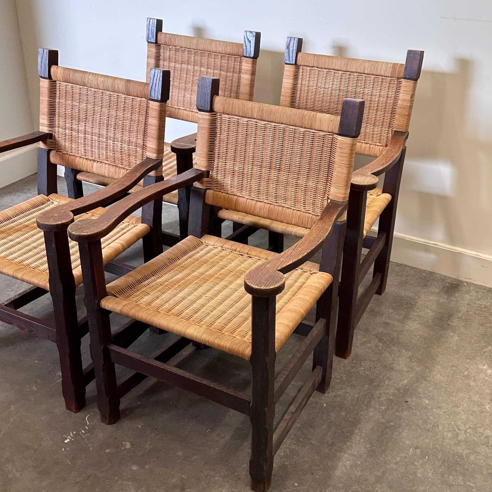 Pair Of Custom Made Oak And Rattan Armchairs, France, 1940s photo Furniture