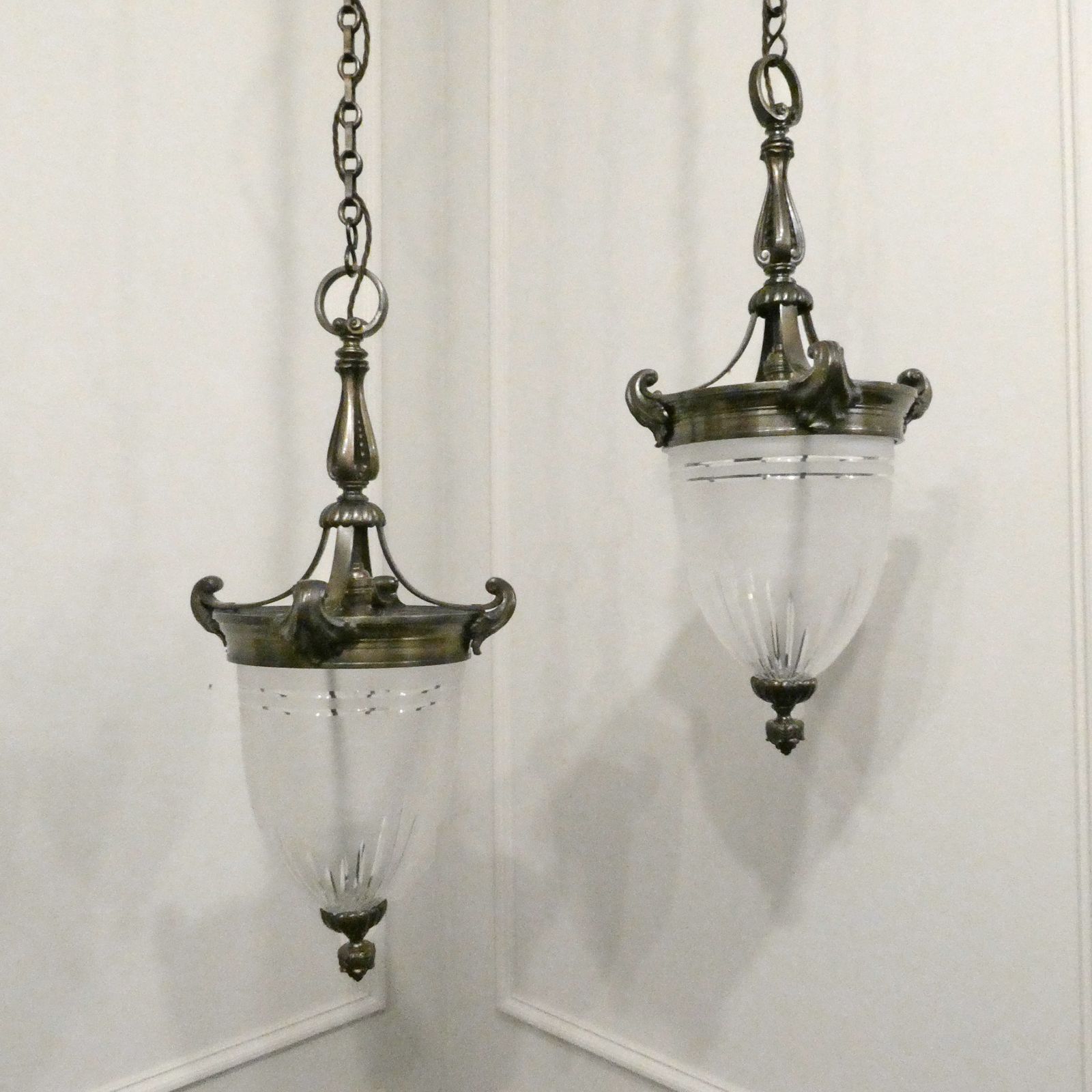 Pair Of Art Nouveau Bronze Pendant Lanterns Attributed To F&C Osler