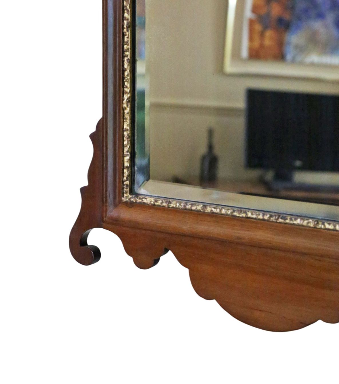 Antique C.1900 Georgian Revival Overmantle Wall Mirror – Fret Cut Gilt & Mahogany, Bevel Edged Glass photo vinterior