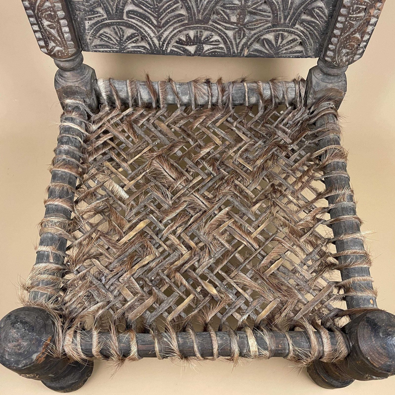Indian Hand Carved Chair Low Wedding Seat Woven Cowhide Base Pidha Small Traditional Rajasthan India Rustic Late 19th   Early 20th Century photo 325.0