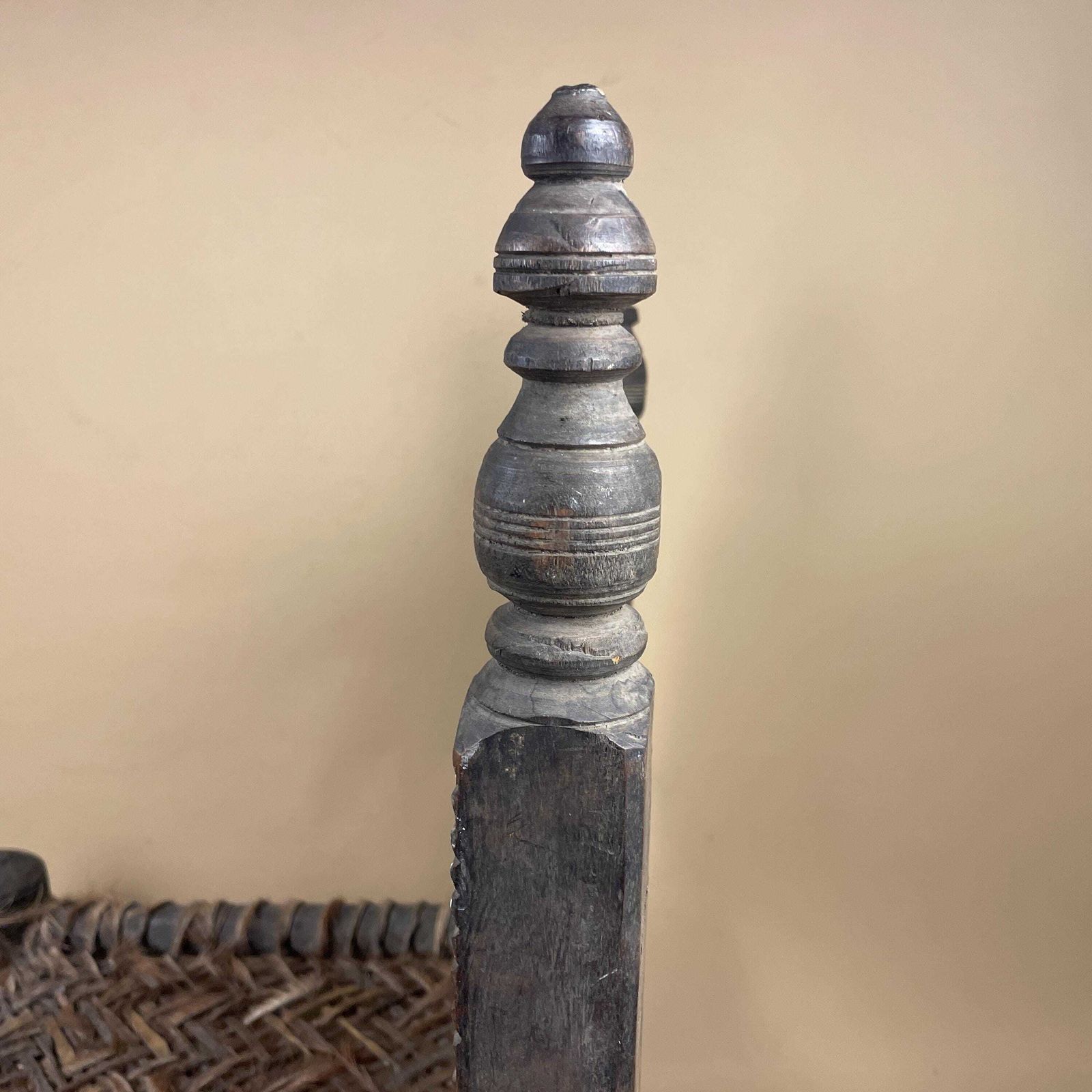 photo vinterior Indian Hand Carved Chair Low Wedding Seat Woven Cowhide Base Pidha Small Traditional Rajasthan India Rustic Late 19th   Early 20th Century