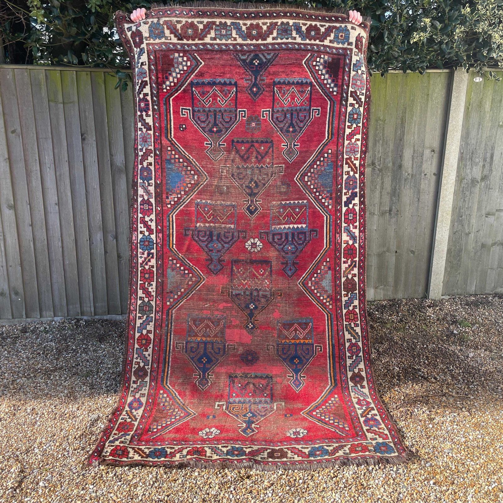 Antique Heriz Rug Tribal Runner Hand Knotted Red Early 20th Century Hallway Middle Eastern Floor Rug Low Pile