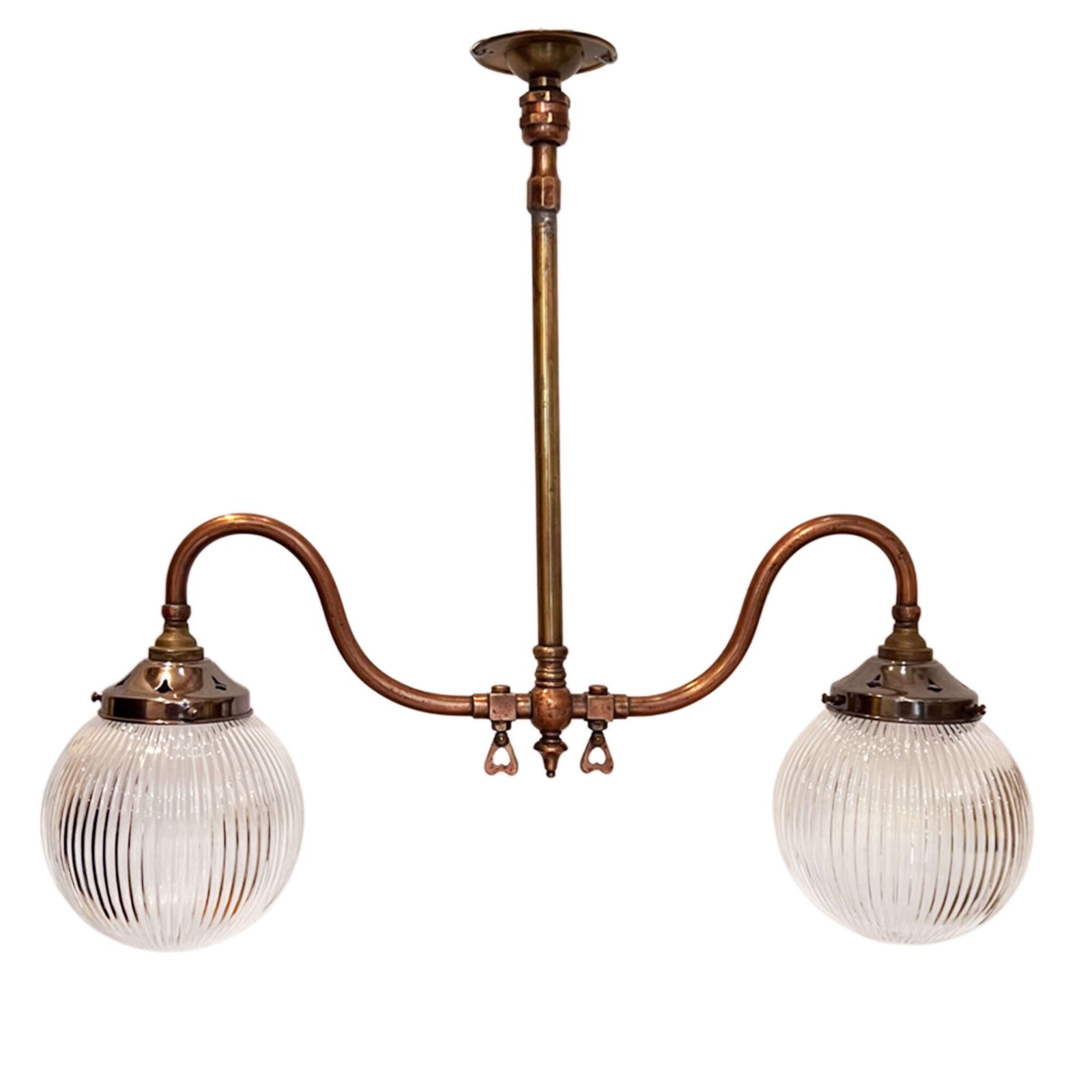 Pair Of 1930s British Hanging Lights With Ribbed Holophane Shades photo for sale