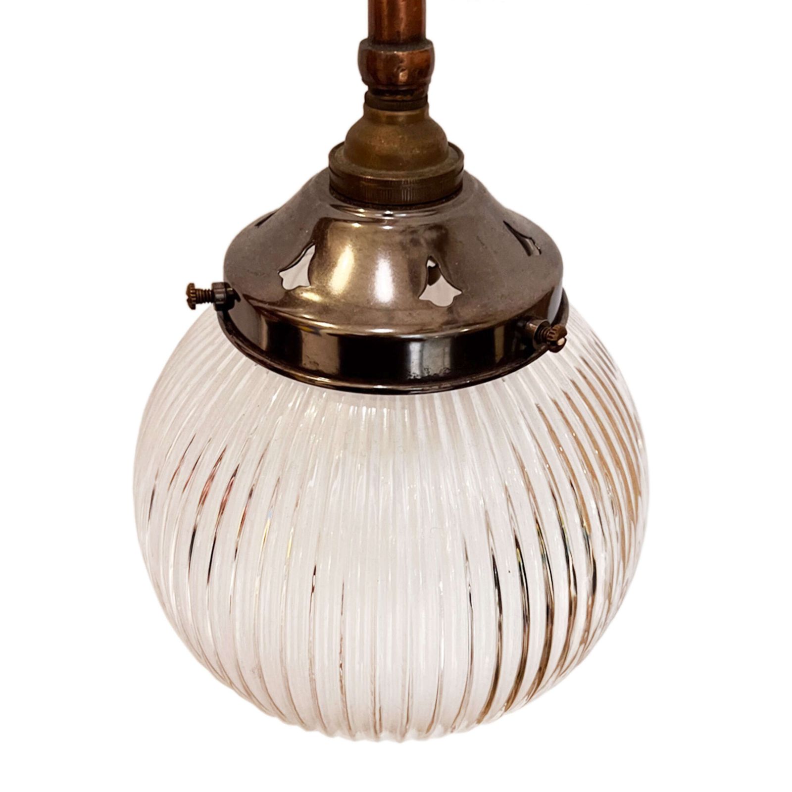 Pair Of 1930s British Hanging Lights With Ribbed Holophane Shades photo 1800.0