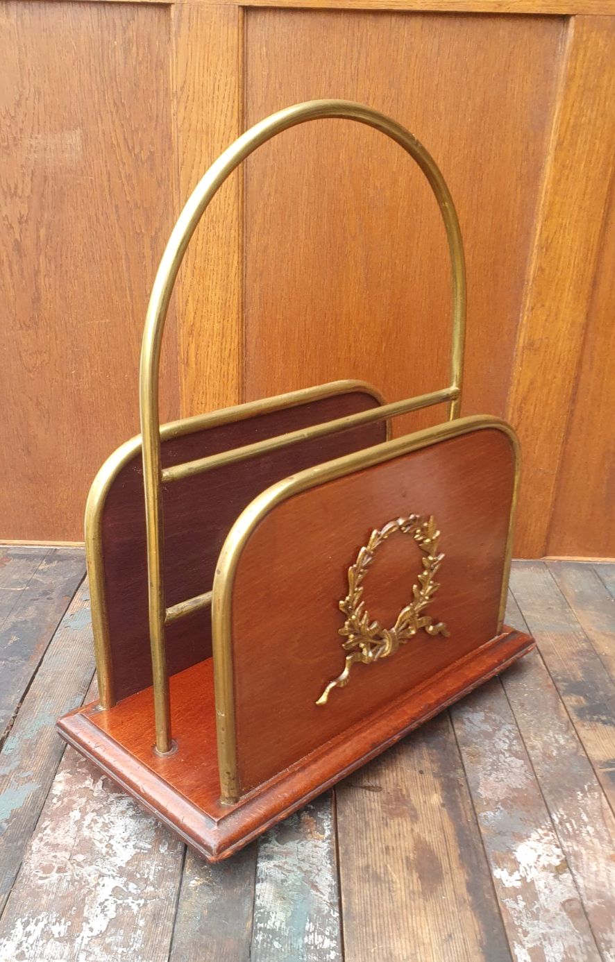 Antique Brass And Wood Paper / Magazine Rack photo for sale
