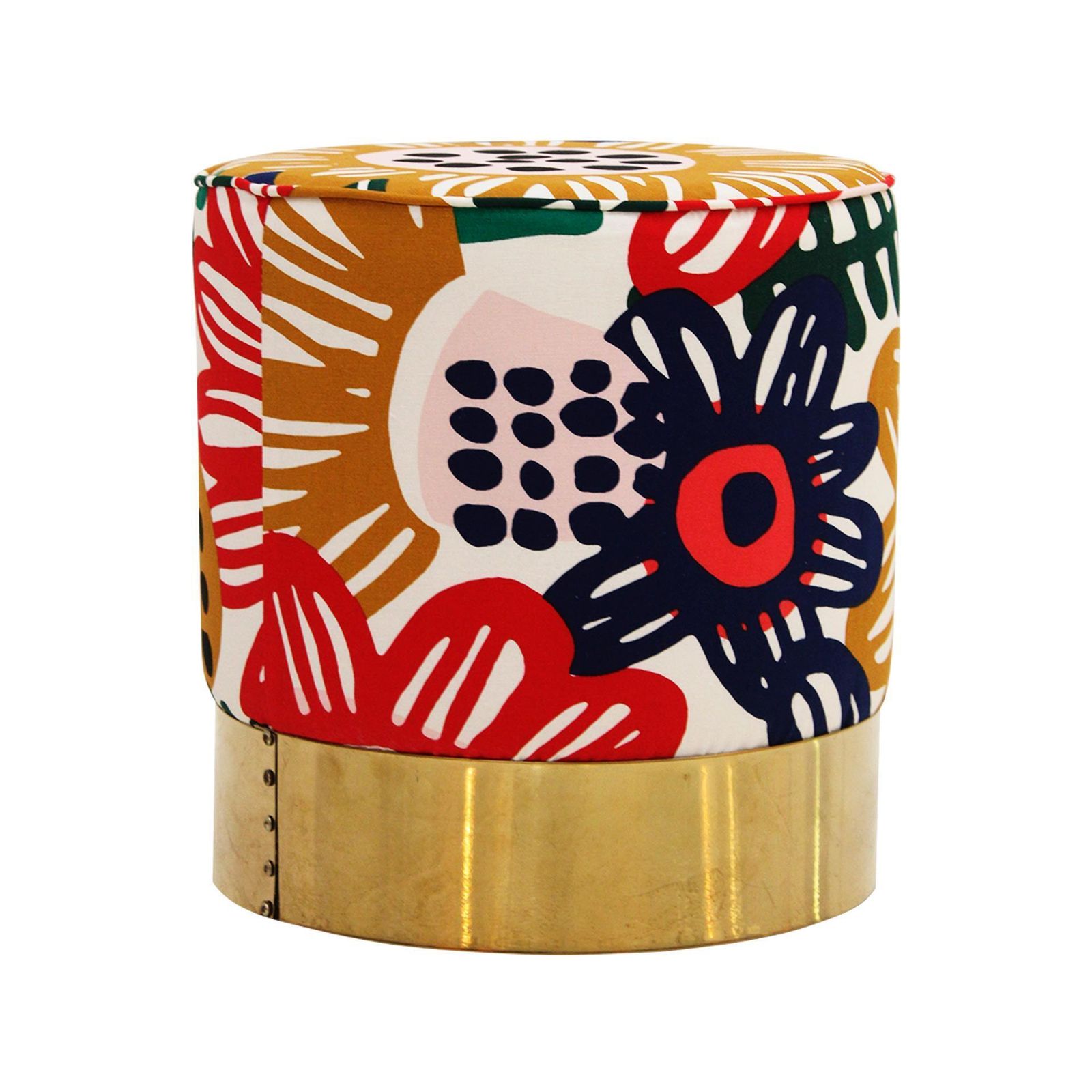 Pair Of Contemporary Italian Circular Poufs In Multicolored Fabric With Floral Motifs photo vinterior