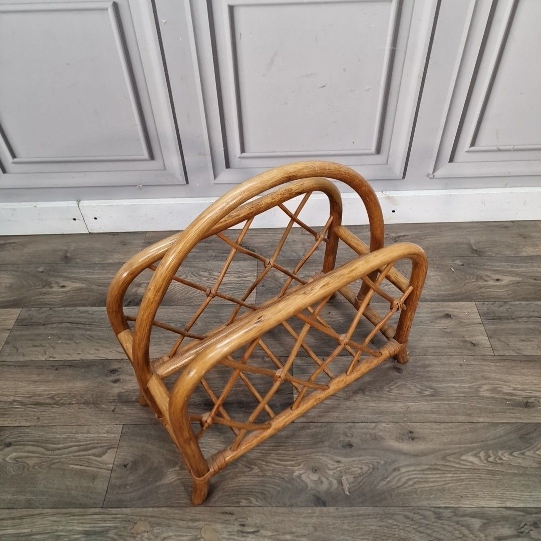 Vintage Rattan Magazine Rack Wicker Newspaper Holder Bamboo Mid Century Retro photo furniture