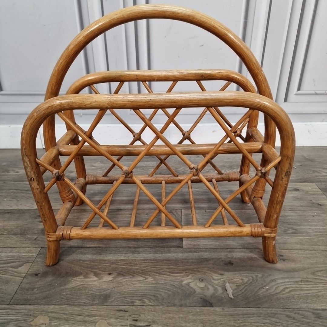 photo vinterior Vintage Rattan Magazine Rack Wicker Newspaper Holder Bamboo Mid Century Retro