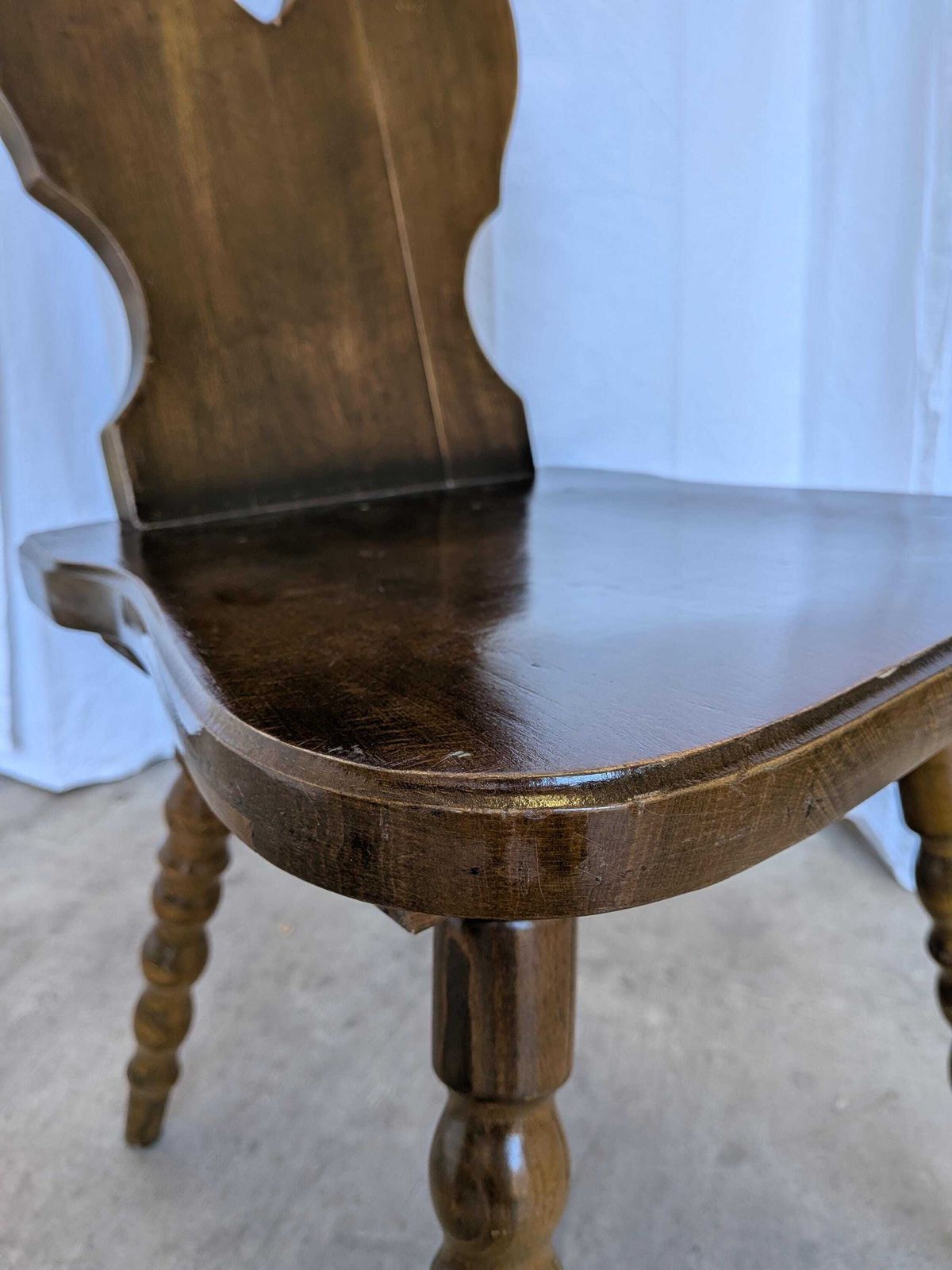 photo for sale Vintage Tyrolean Heart Cutout Wooden Dining Chair / Dark Brown Wood / Bobbin Turned Legs