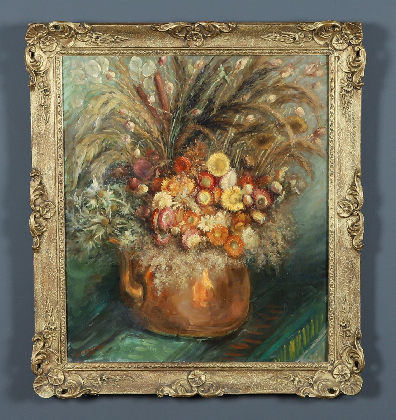 Large Mid Century Belgium Impressionist Oil Painting Of A Floral Display By Amile Coppieters (Circa 1961) photo furniture
