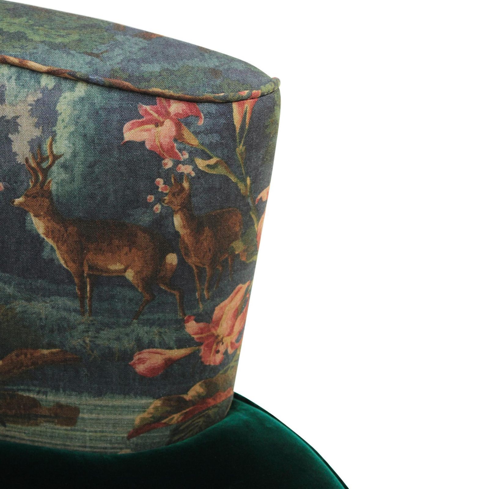 photo for sale Mid Century Modern Armchair In Linen And Velvet With Green And Woodland Motifs France