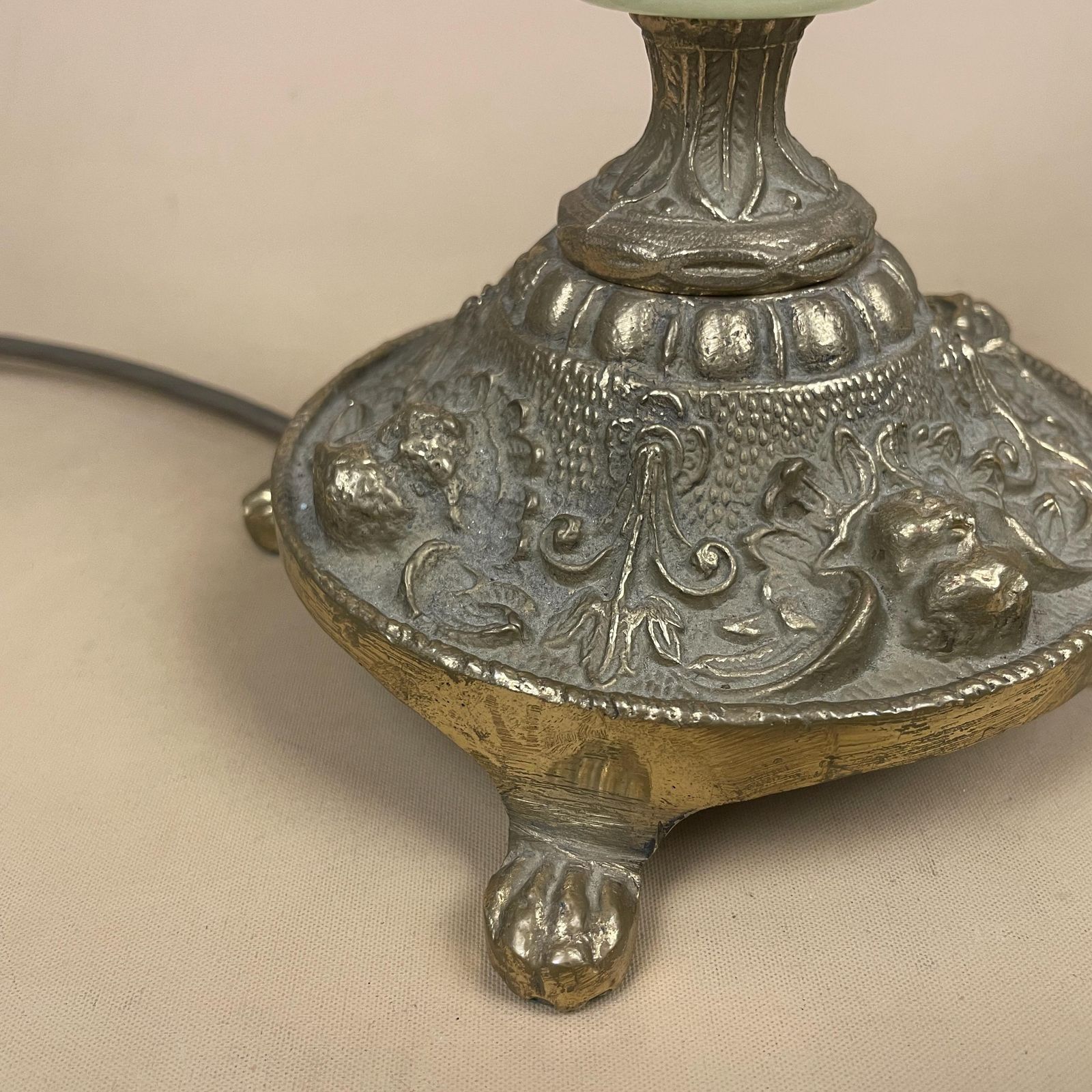 Marble Stone Lamp Green Light Table Bedside Light Natural Patterns Ornate Round Base Onyx Brass Metal Gold Antique Vintage Claw Feet Large photo Lighting