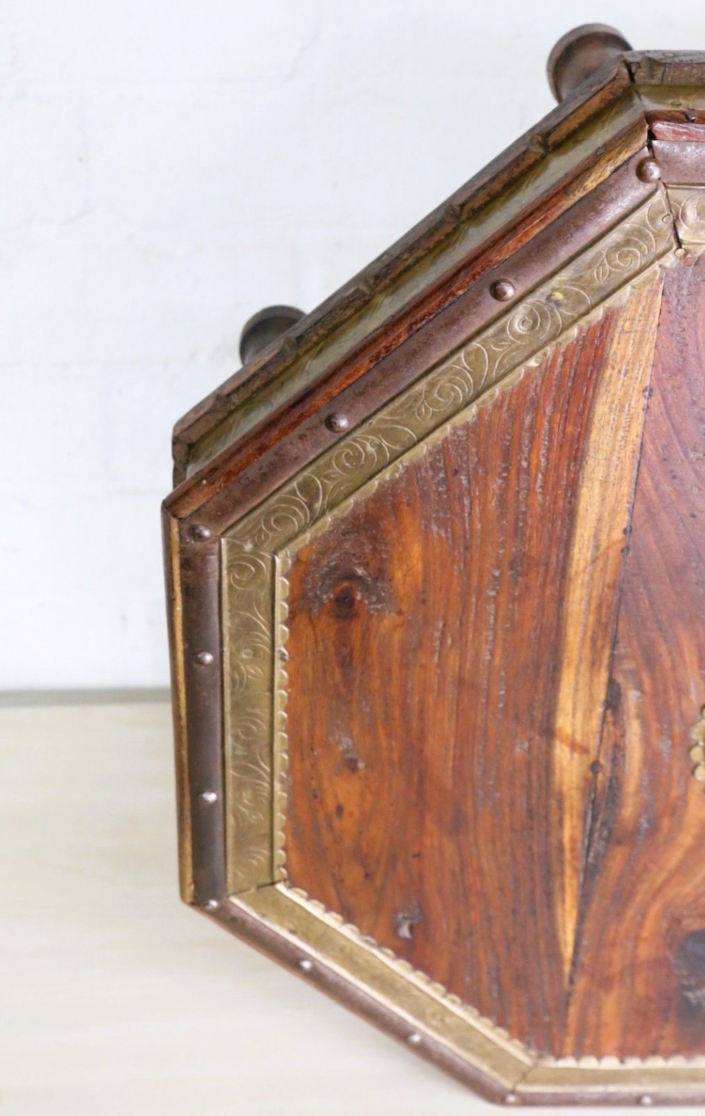 Vintage Indian Wooden Low Table Chowki Table 20th Century Brass & Steel Accents photo Furniture