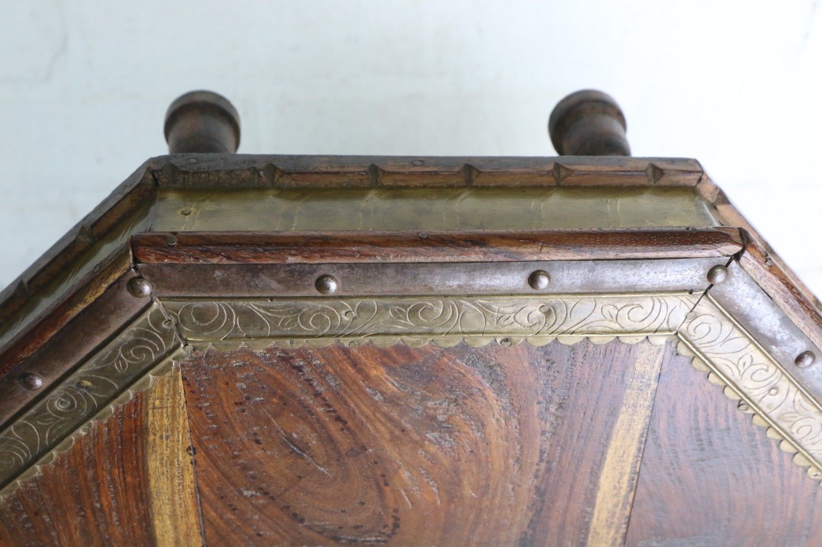 Vintage Indian Wooden Low Table Chowki Table 20th Century Brass & Steel Accents photo vinterior