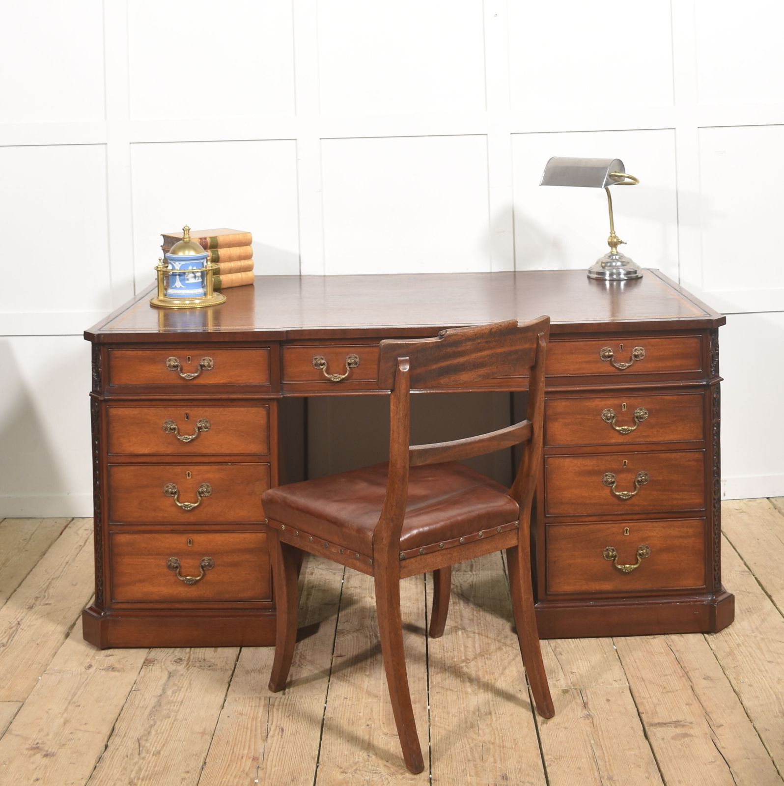 Mahogany Partner’s Pedestal Desk With Tooled Leather Top