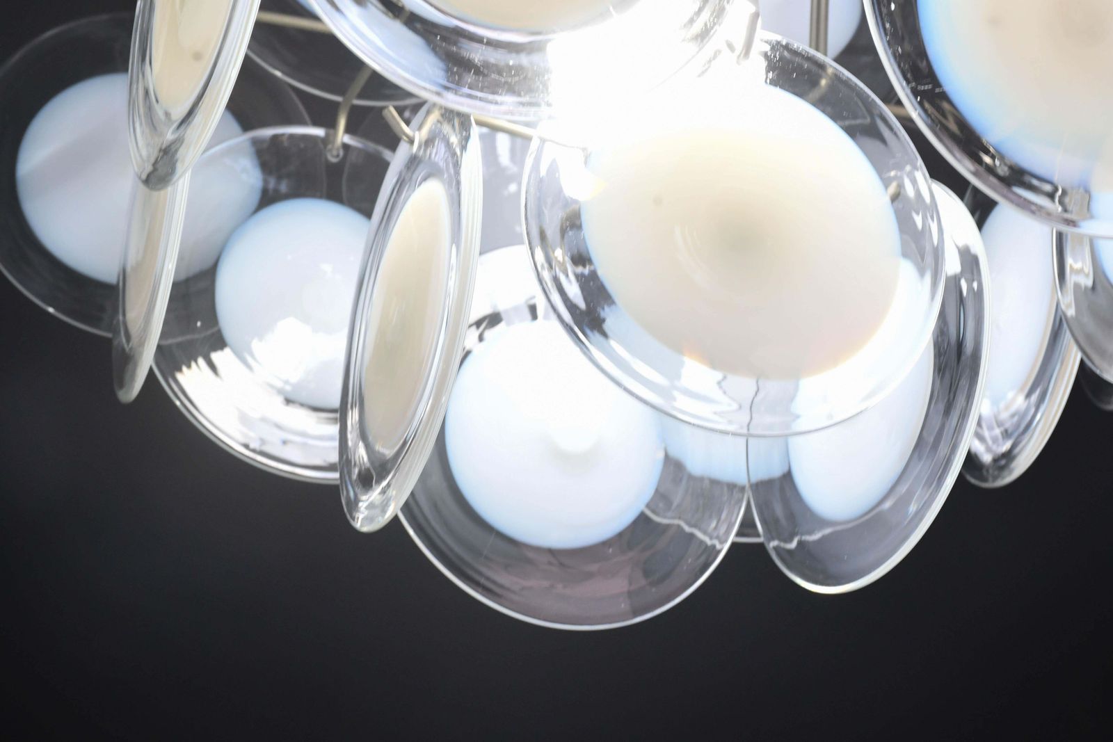 Large 36 Murano Glass White Disch Chandelier By Vistosi, 1970s photo Lighting
