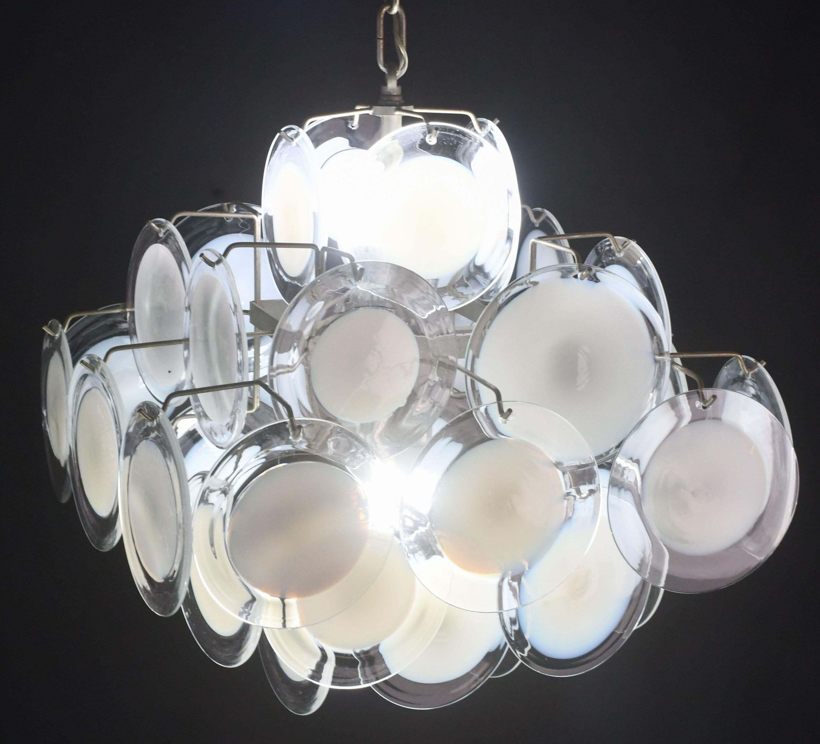 photo furniture Large 36 Murano Glass White Disch Chandelier By Vistosi, 1970s