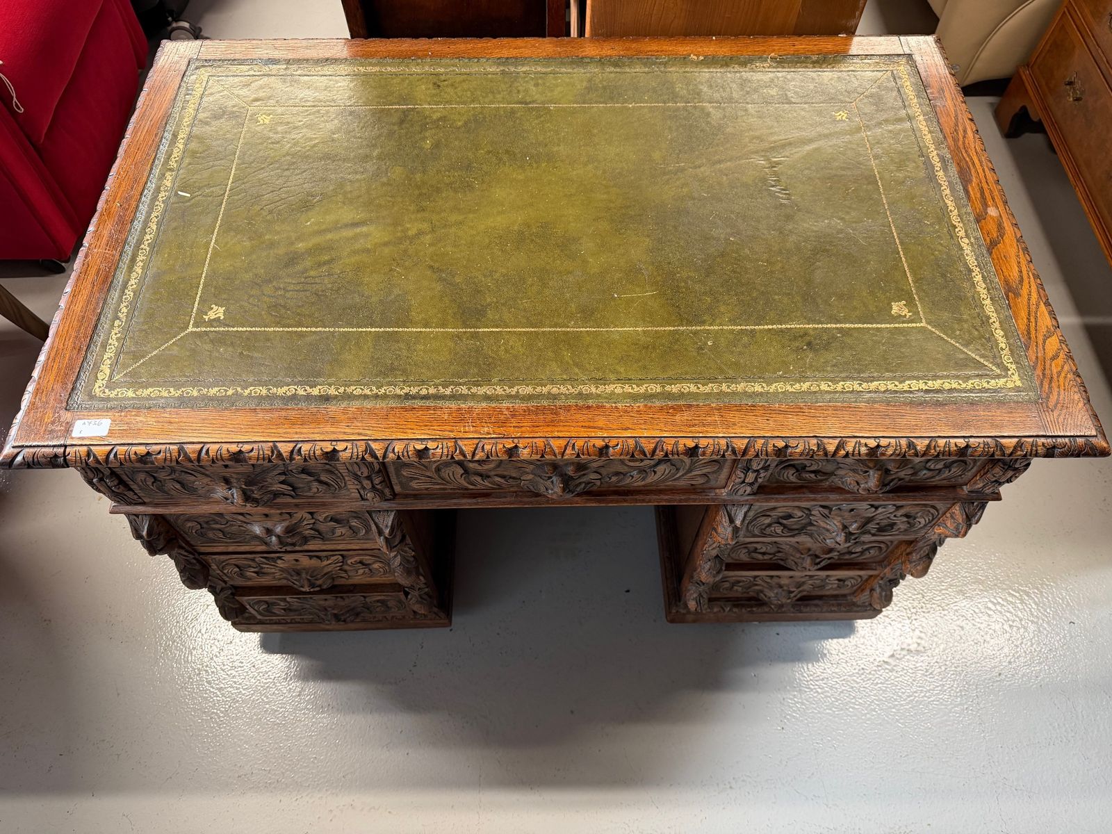 Antique Carved Oak Desk With Lion Handles photo furniture