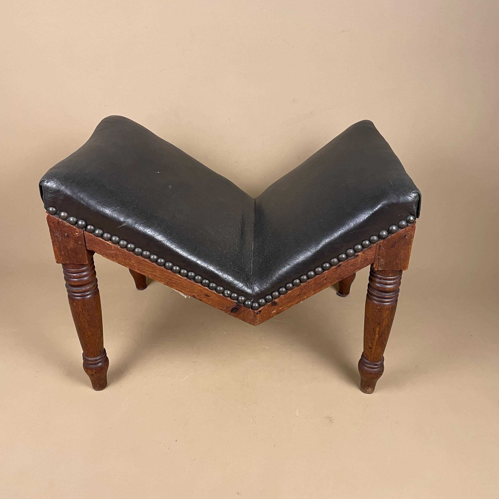 Victorian Gout Stool Foot Stool Wood Legs Footstool Faux Leather V Shape Metal Studs Vintage Furniture Rectangle 34x46x30cm Wooden Antique photo vinterior