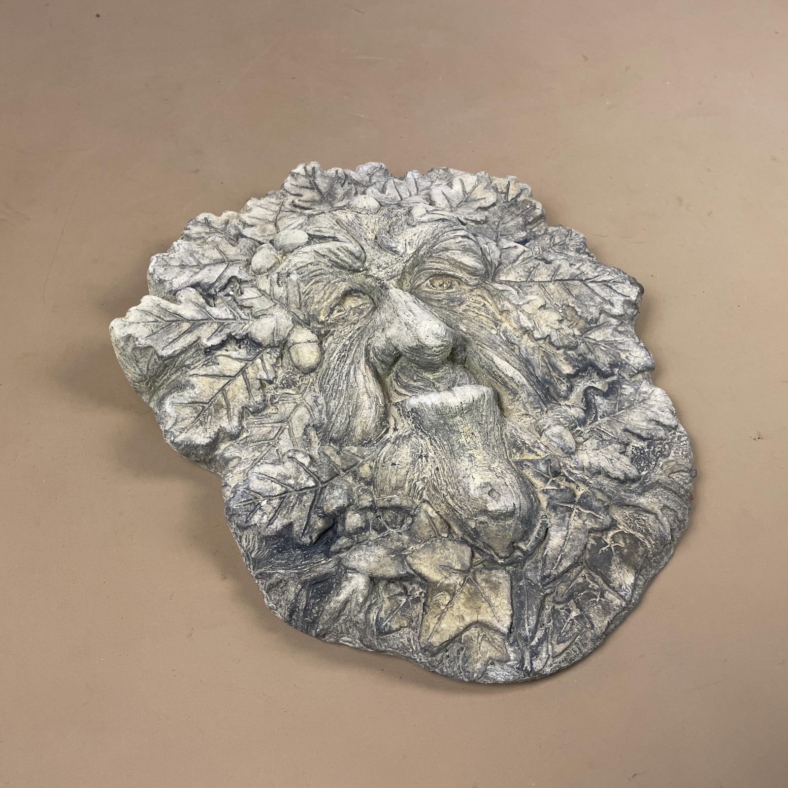 Weathered Garden Concrete Handmade Antique Face Tree Man Acorn Leaves Ornament Wall Art Statue Sculpture Rustic Vintage Heavy Outdoor photo for sale