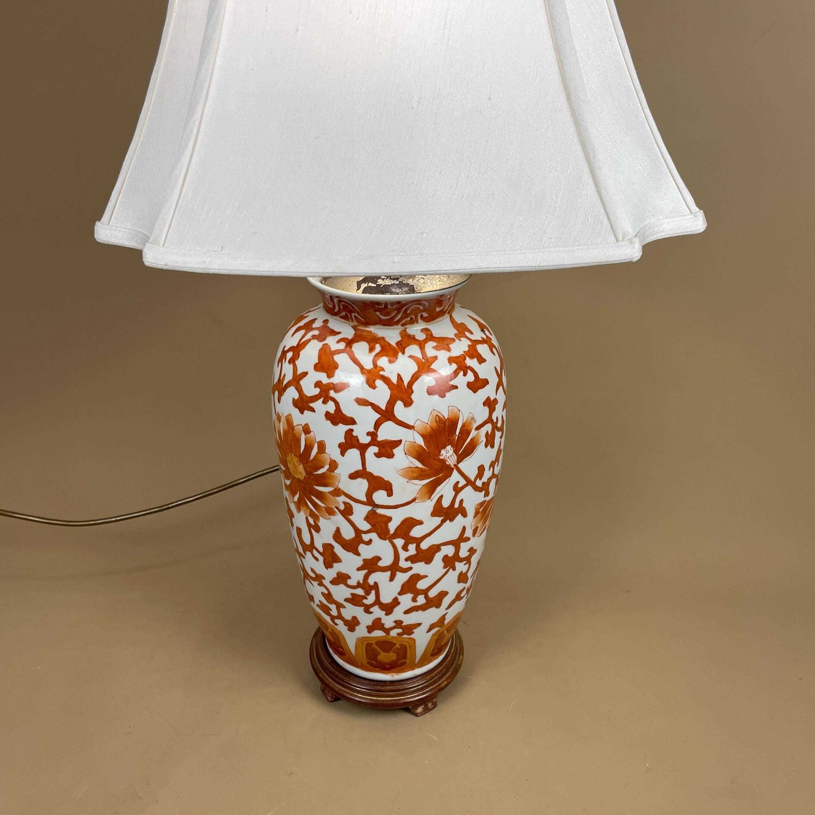 Oriental Ceramic Lamp Light Bedside Table Hand Painted Floral Design Pattern Wood Base Chinese Vase White Orange Antique Lampshade Shade photo furniture