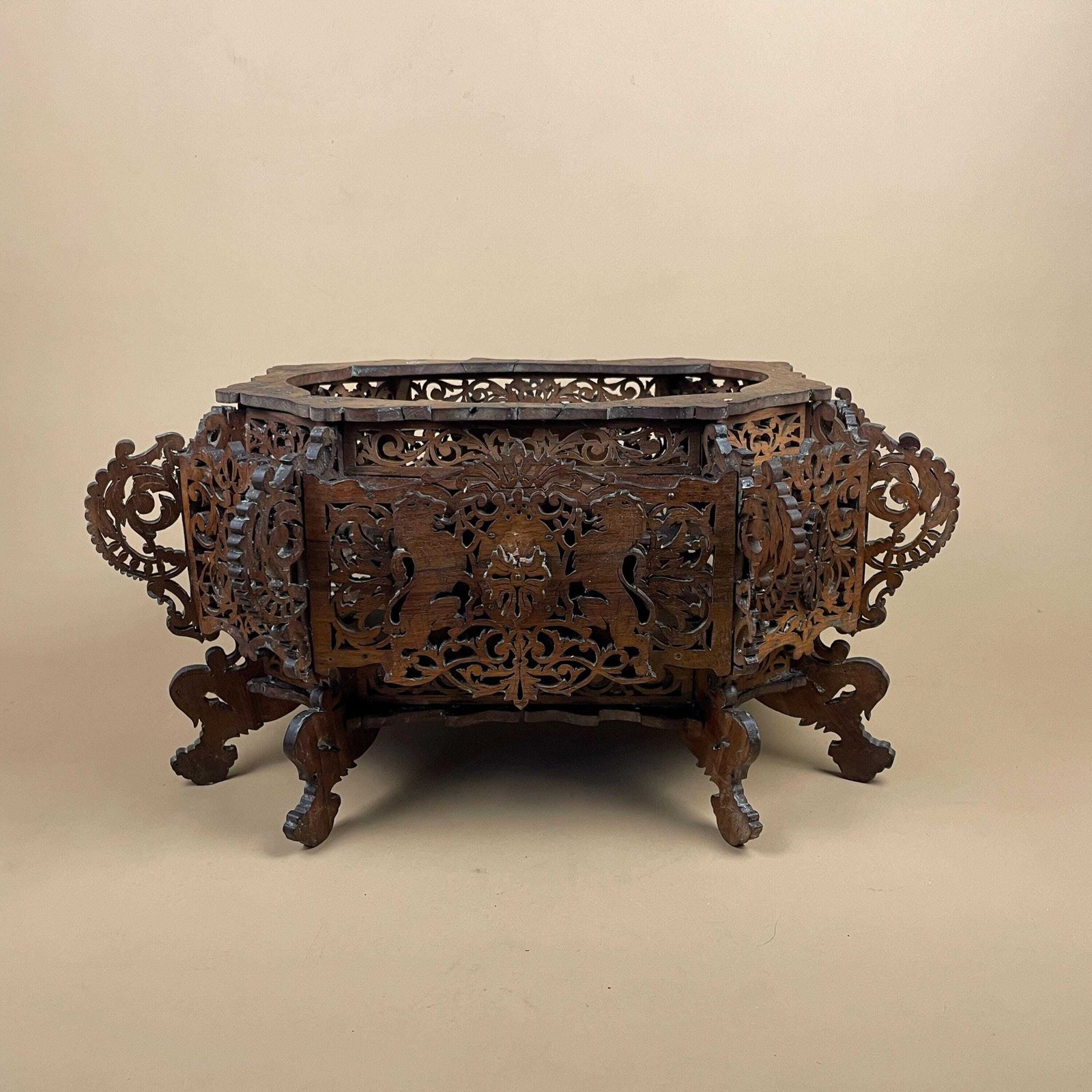 Antique Style Carved Wood Planter Jardiniere Stand Handmade Victorian Anglo Indian Style Hand Carved Wooden Planter Box Black Forest photo for sale