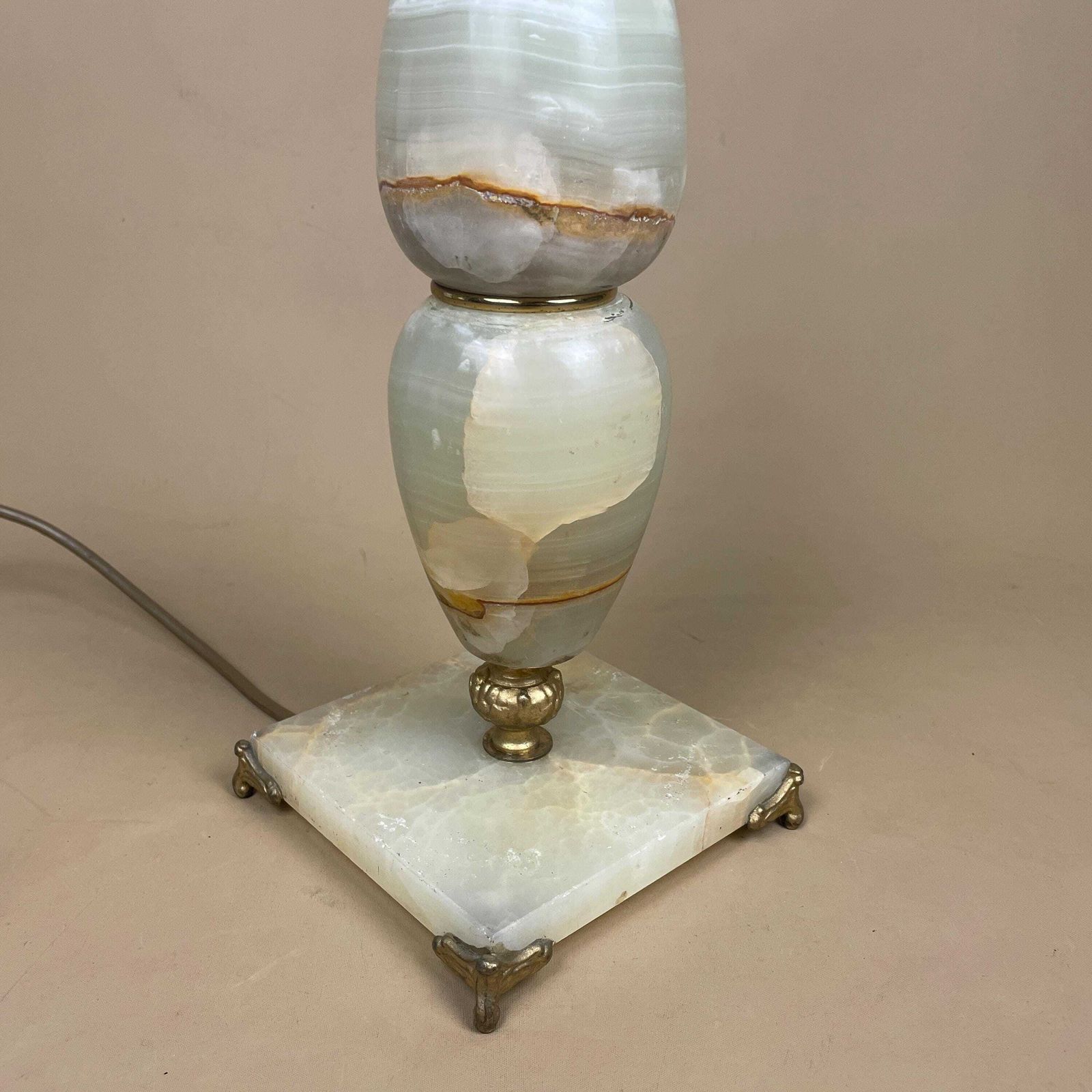 Marble Stone Lamp Green Light Table Bedside Light Natural Patterns Ornate Square Base Onyx Brass Metal Gold Antique Vintage Claw Feet Large photo furniture
