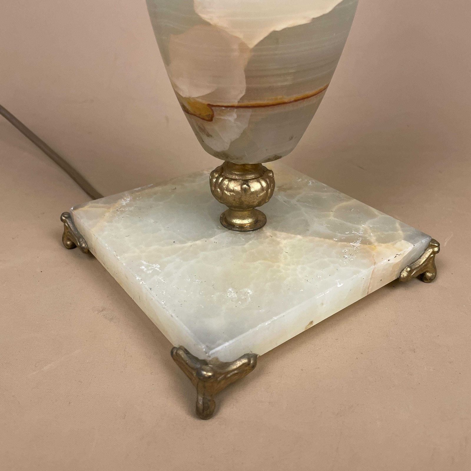 Marble Stone Lamp Green Light Table Bedside Light Natural Patterns Ornate Square Base Onyx Brass Metal Gold Antique Vintage Claw Feet Large photo for sale