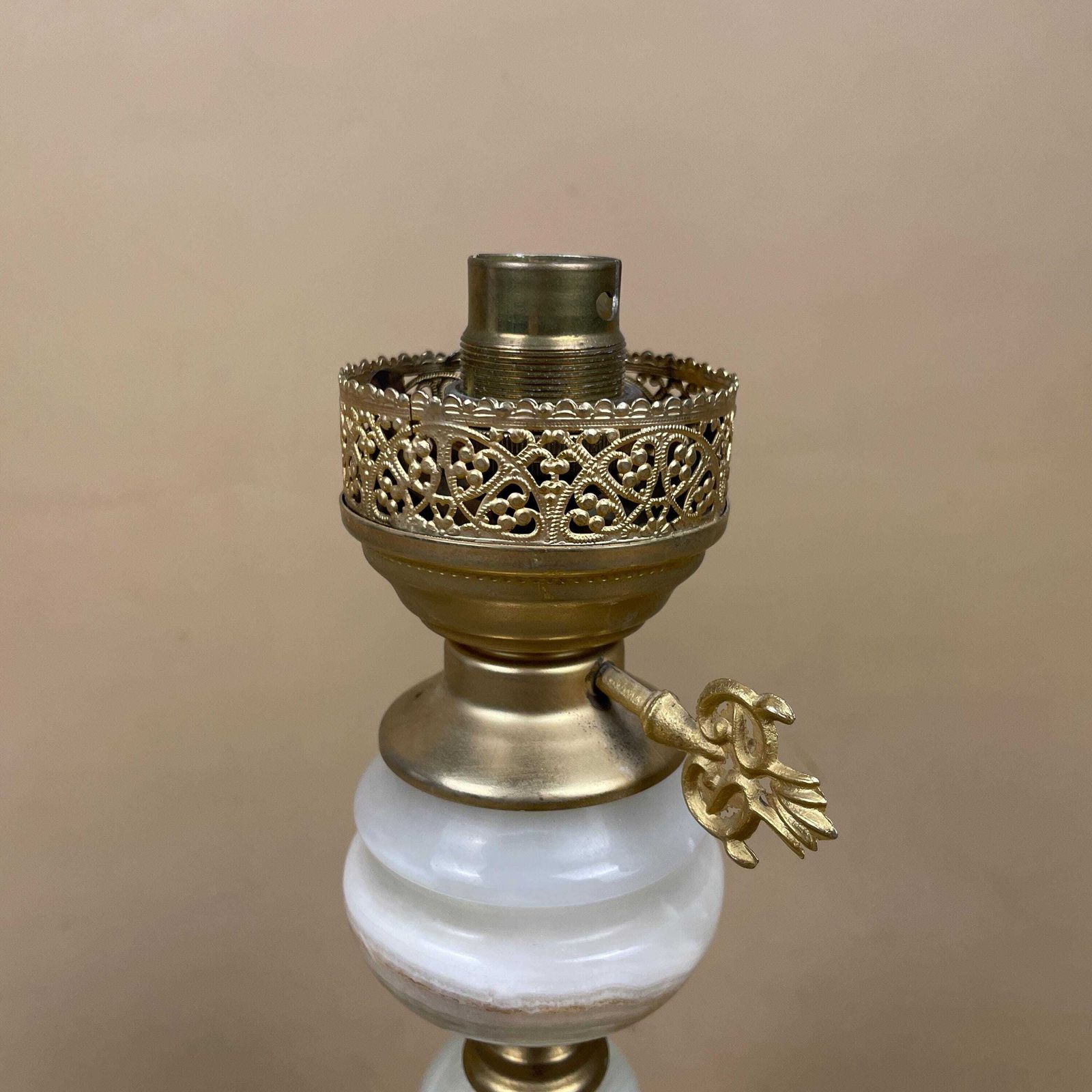 Marble Stone Lamp Green Light Table Bedside Light Natural Patterns Ornate Round Base Onyx Brass Metal Gold Antique Vintage Claw Feet Oil photo for sale