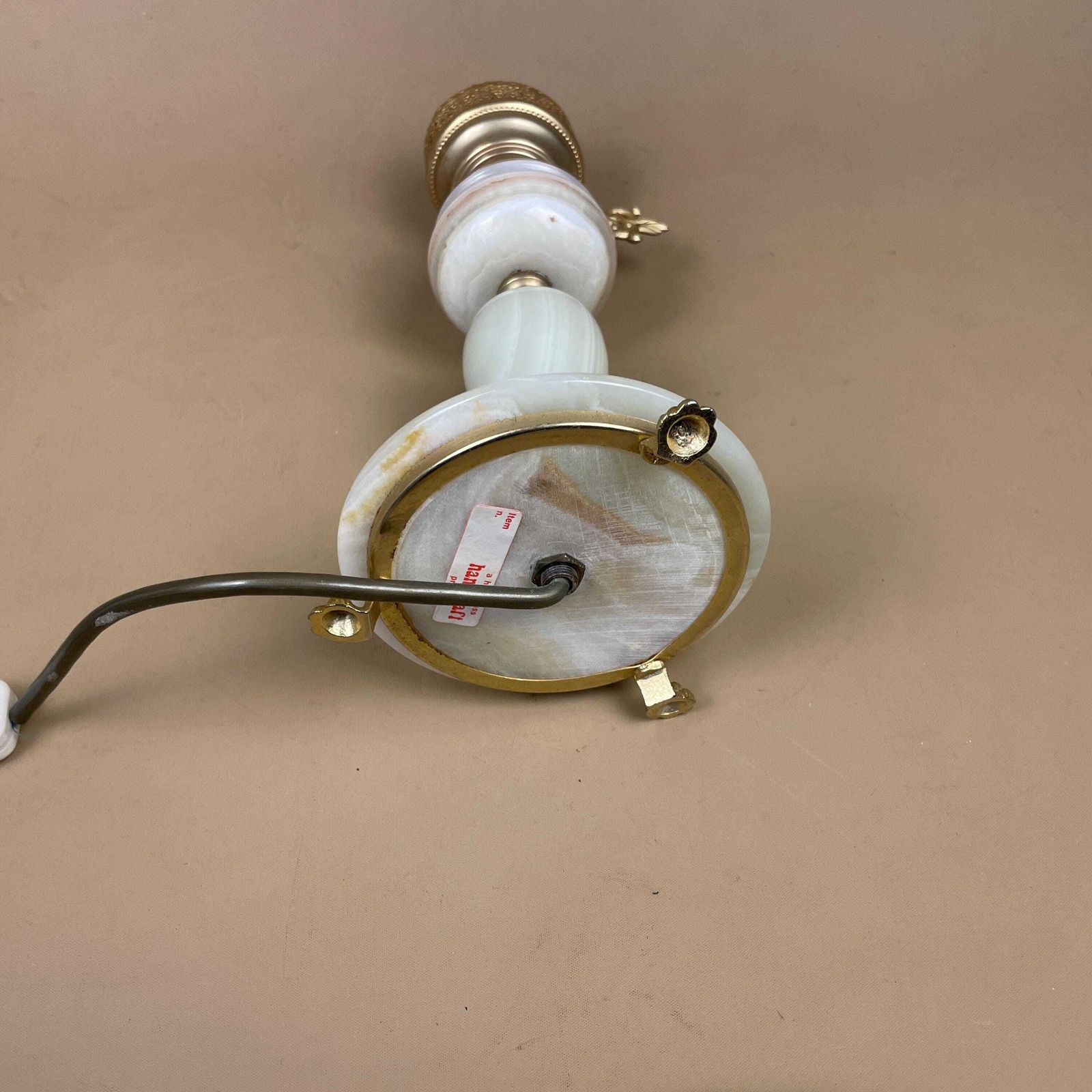 photo for sale Marble Stone Lamp Green Light Table Bedside Light Natural Patterns Ornate Round Base Onyx Brass Metal Gold Antique Vintage Claw Feet Oil