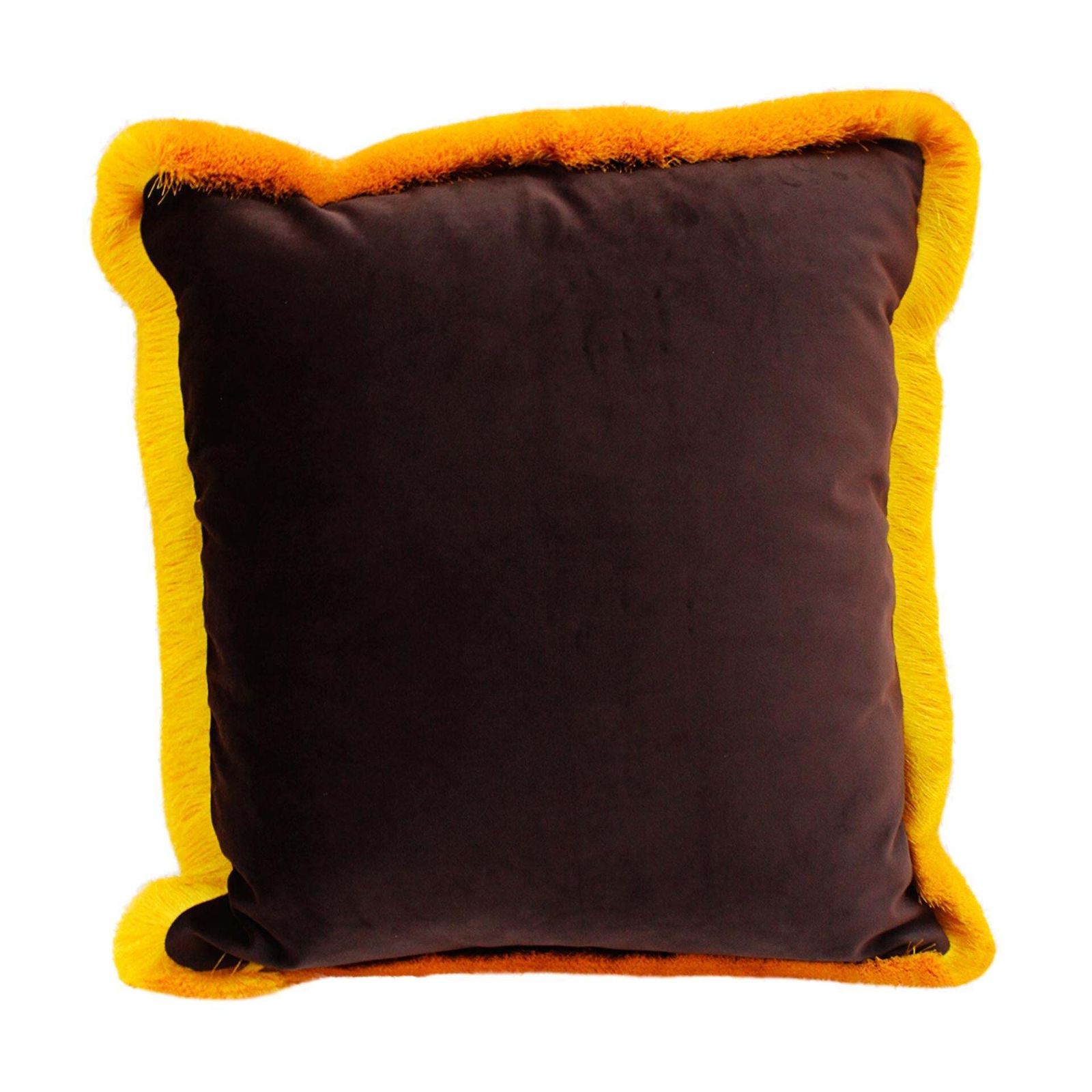Pair Of Contemporary Gold And Brown Cotton And Silk Cushions With Tiger Fringe photo for sale