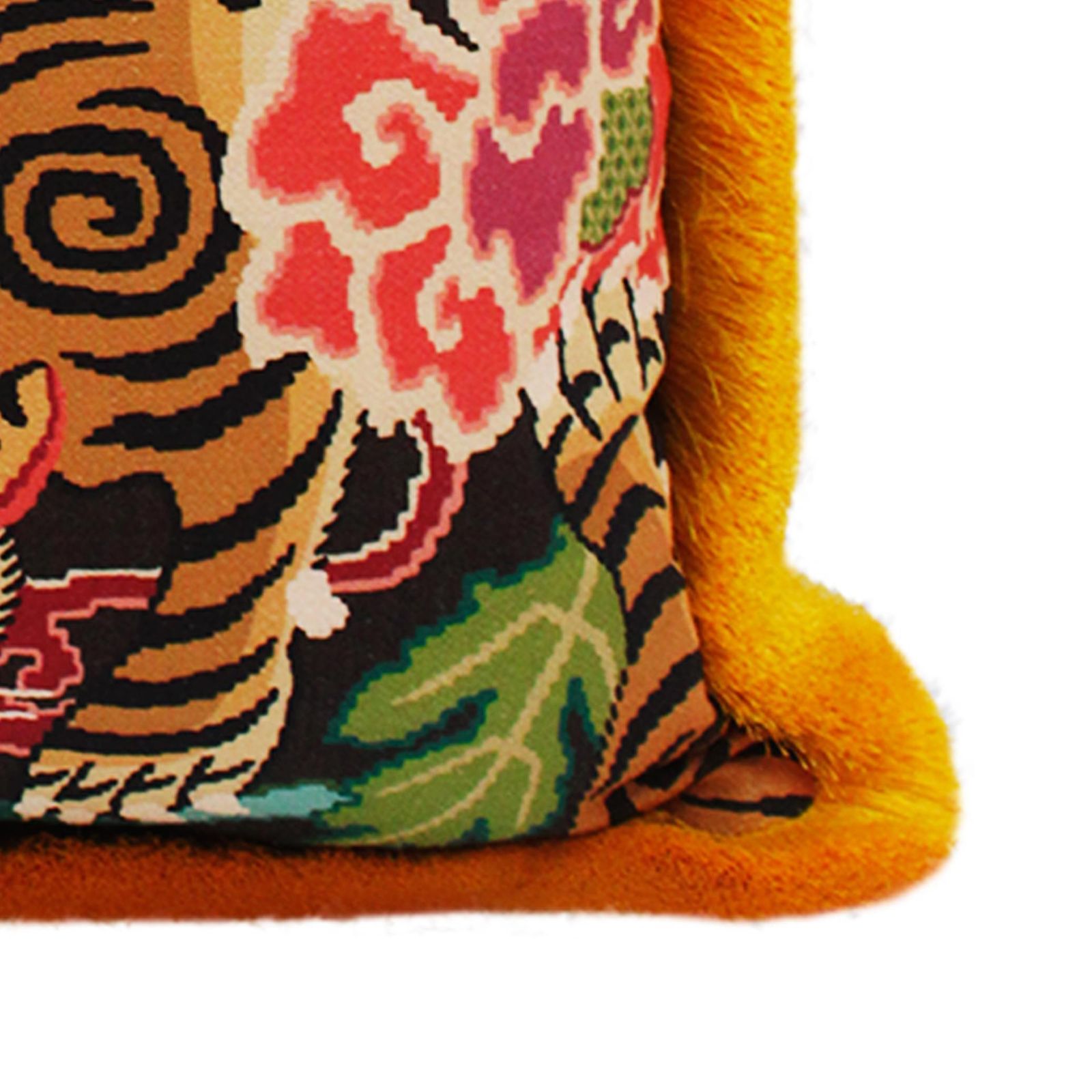 Pair Of Contemporary Gold And Brown Cotton And Silk Cushions With Tiger Fringe photo vintage
