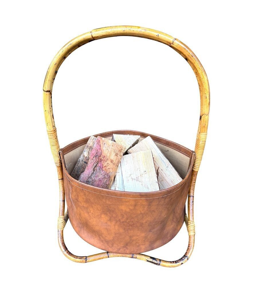 Large Italian 1960s Bamboo And Rattan Basket With Faux Leather