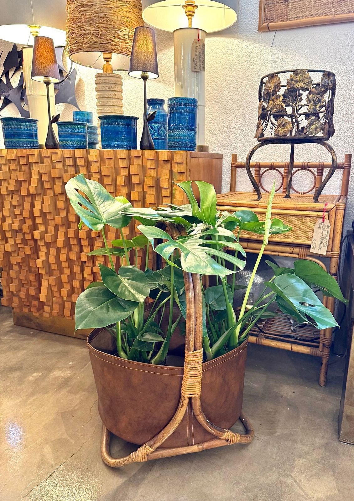 Large Italian 1960s Bamboo And Rattan Basket With Faux Leather photo Home Decor